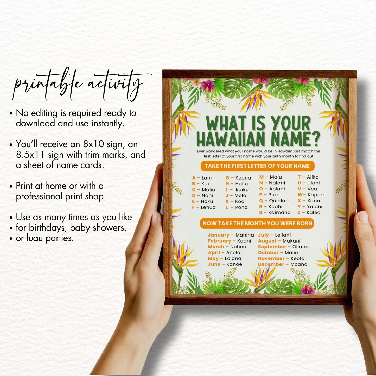Framed 'What is your Hawaiian Name?' activity sign held by hands on a white background