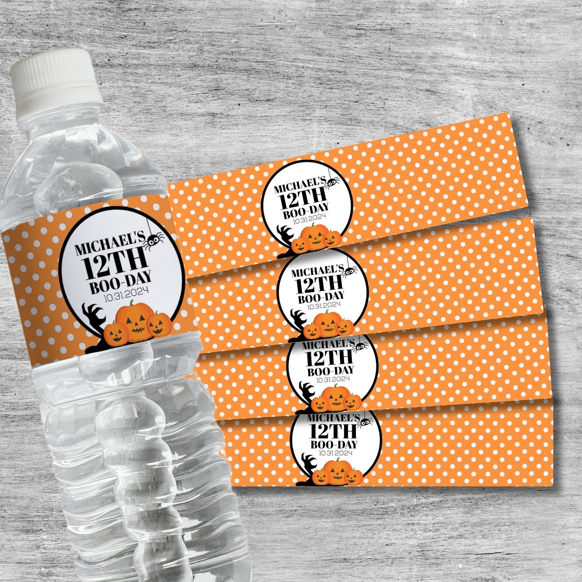 Halloween Water Bottle Labels, Custom Orange Polka Dot Birthday Party Decor, Spooky Pumpkin Theme, Personalized Printable Party Favor for Kids