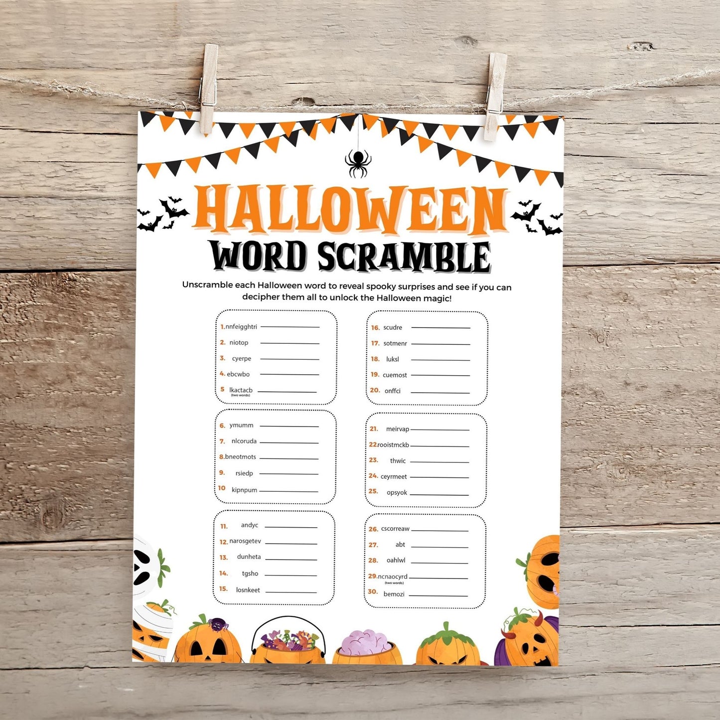 Halloween Word Scramble Game, Printable Halloween Party Activity, 8.5x11 PDF & JPEG, Fun for Kids, Instant Download, Spooky Word Puzzle