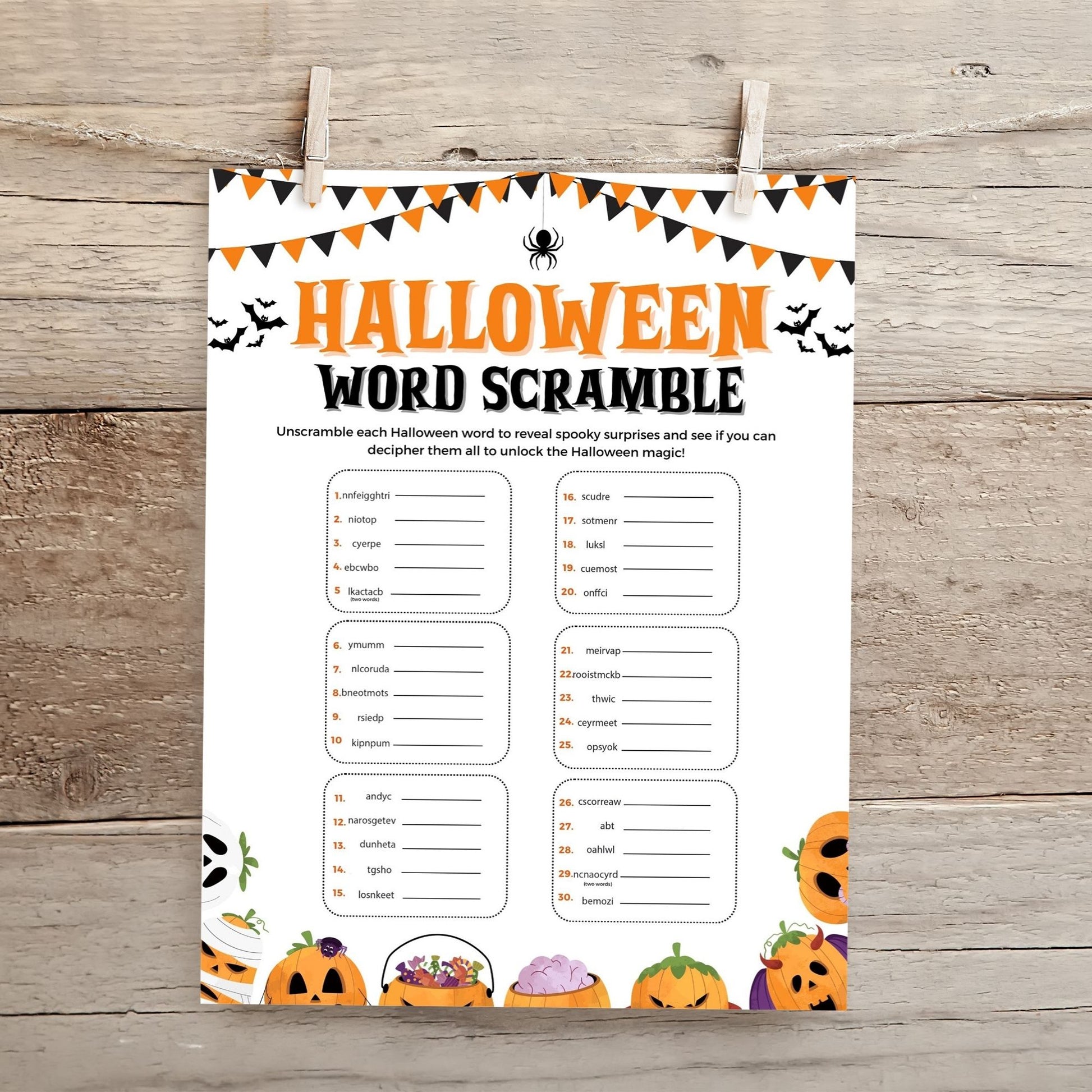 Halloween Word Scramble Game, Printable Halloween Party Activity, 8.5x11 PDF & JPEG, Fun for Kids, Instant Download, Spooky Word Puzzle
