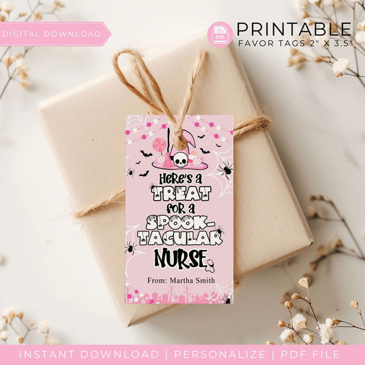 Pink Halloween Favor Tags for Spooktacular Nurse Gifts - Personalized Printable 2x3.5 Inch Treat Bag Tags - Cute Halloween Nurse Gift Labels - Editable