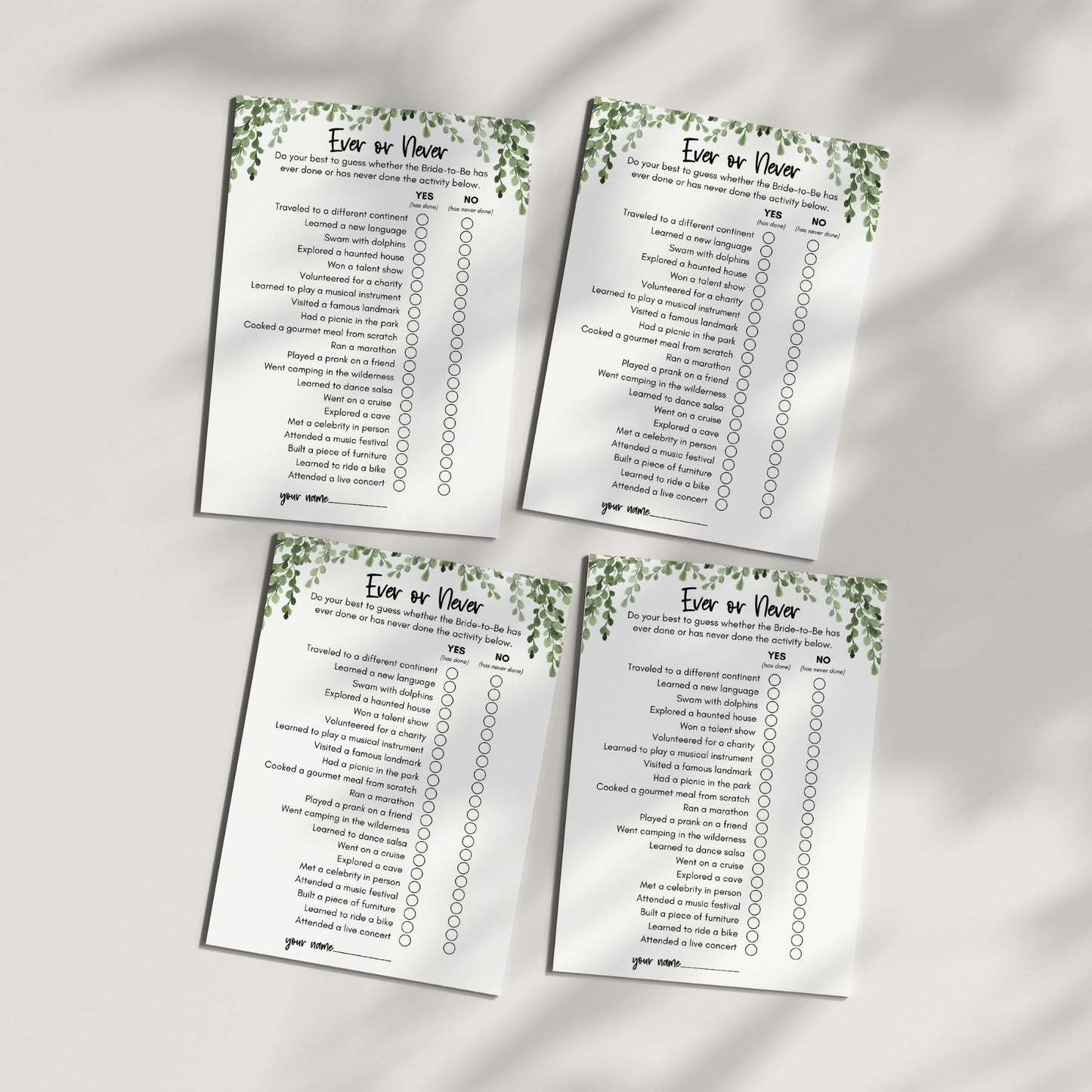 Ever or Never Bridal Shower Game - Greenery