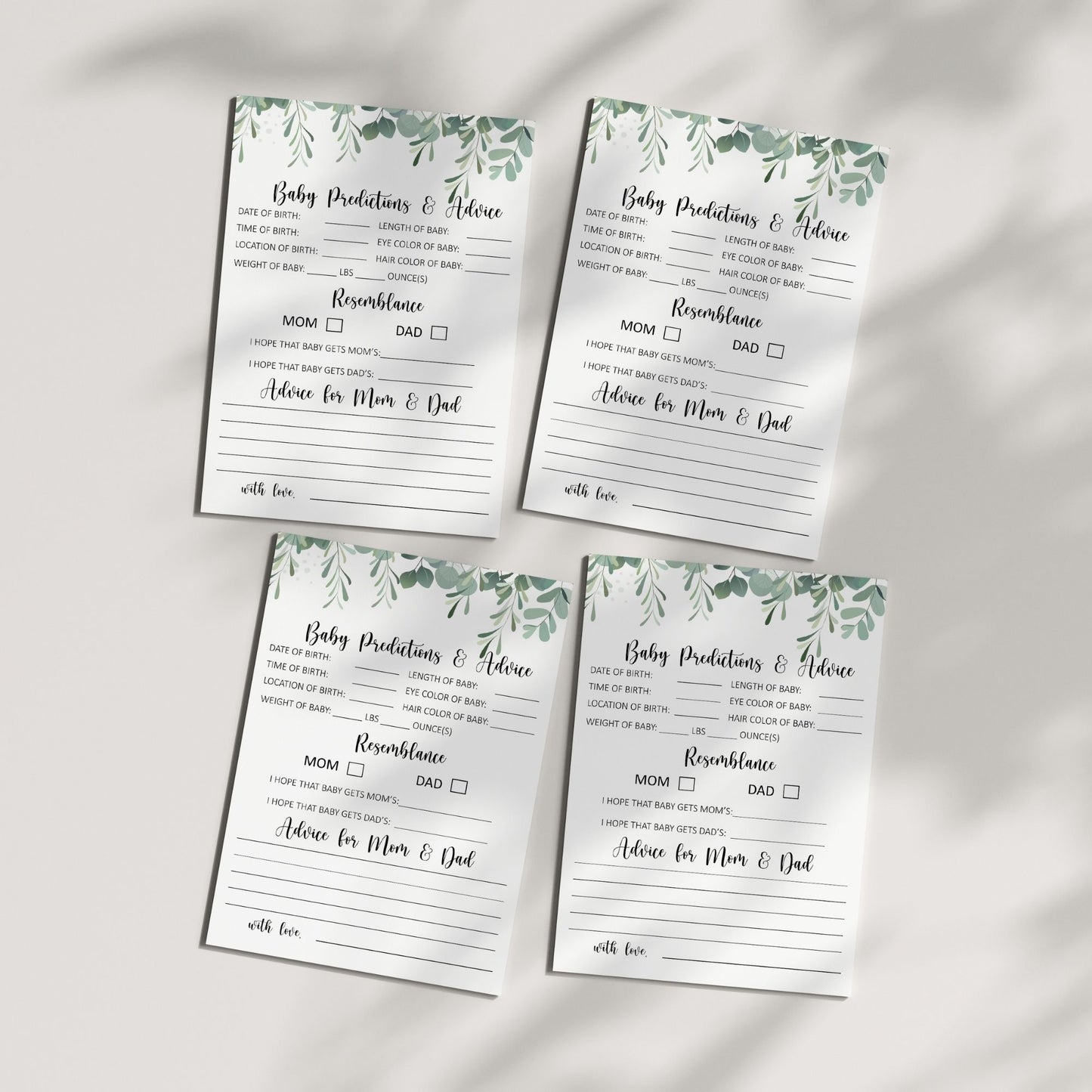 Printable Baby Predictions & Advice Cards | Fun Baby Shower Game | Greenery Themed | Instant Digital Download | Gender-Neutral Baby Shower Activity