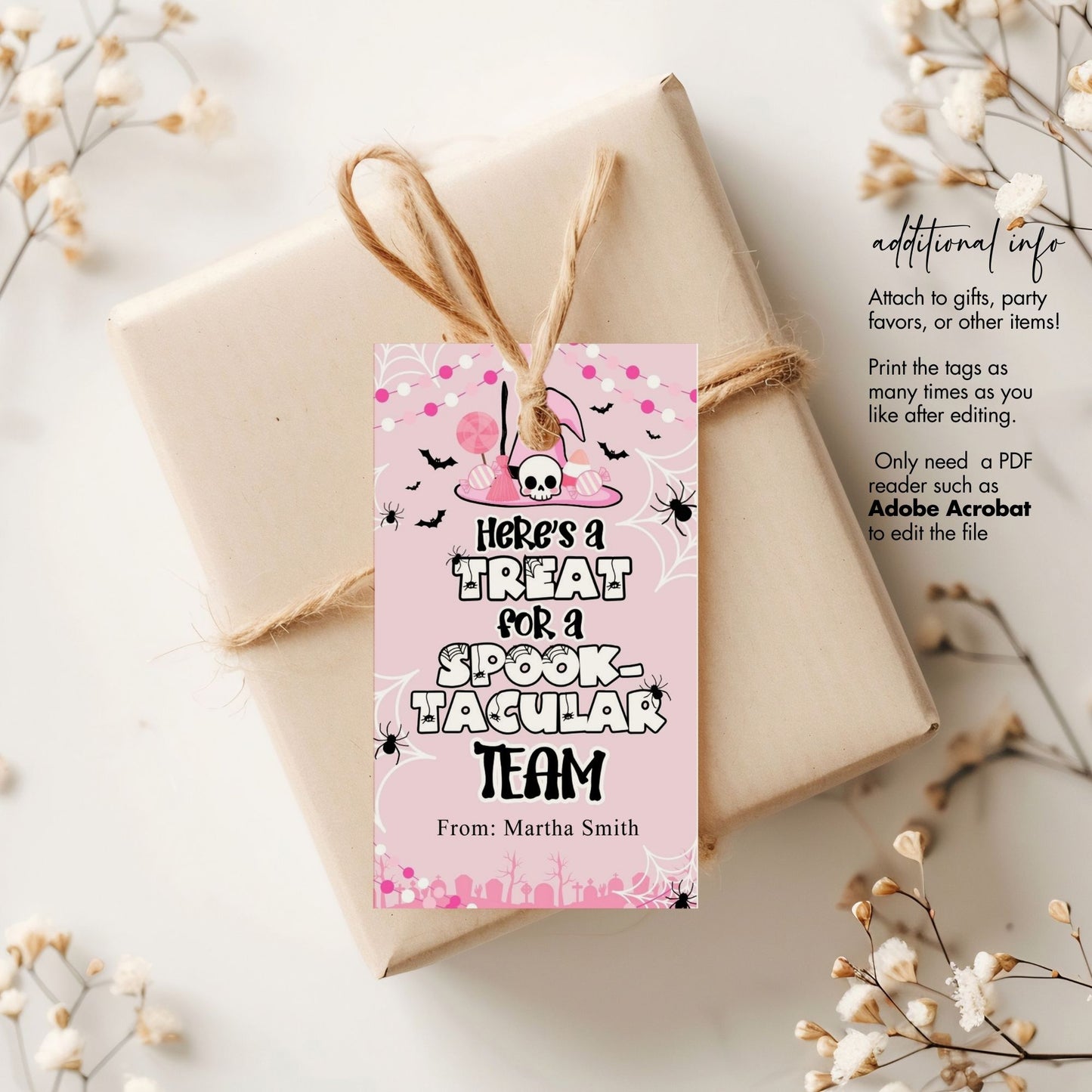 Pink Halloween Favor Tags for Spooktacular Team Gifts - Personalized Printable 2x3.5 Inch Treat Bag Tags - Cute Halloween Team Gift Labels - Editable