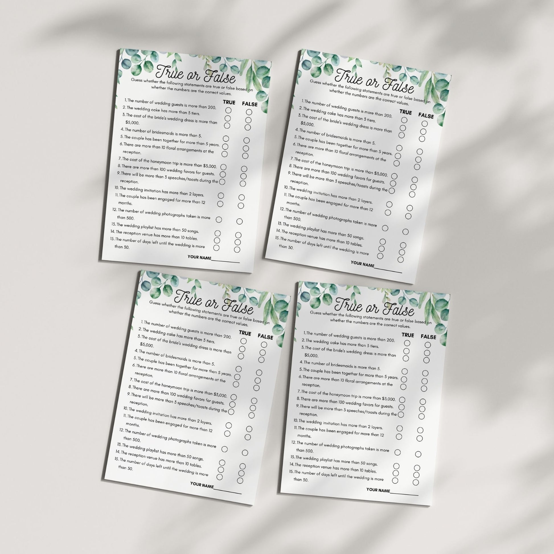 True or False Bridal Shower Game | Fun Wedding Trivia Activity | Floral Greenery Design | Printable Instant Download