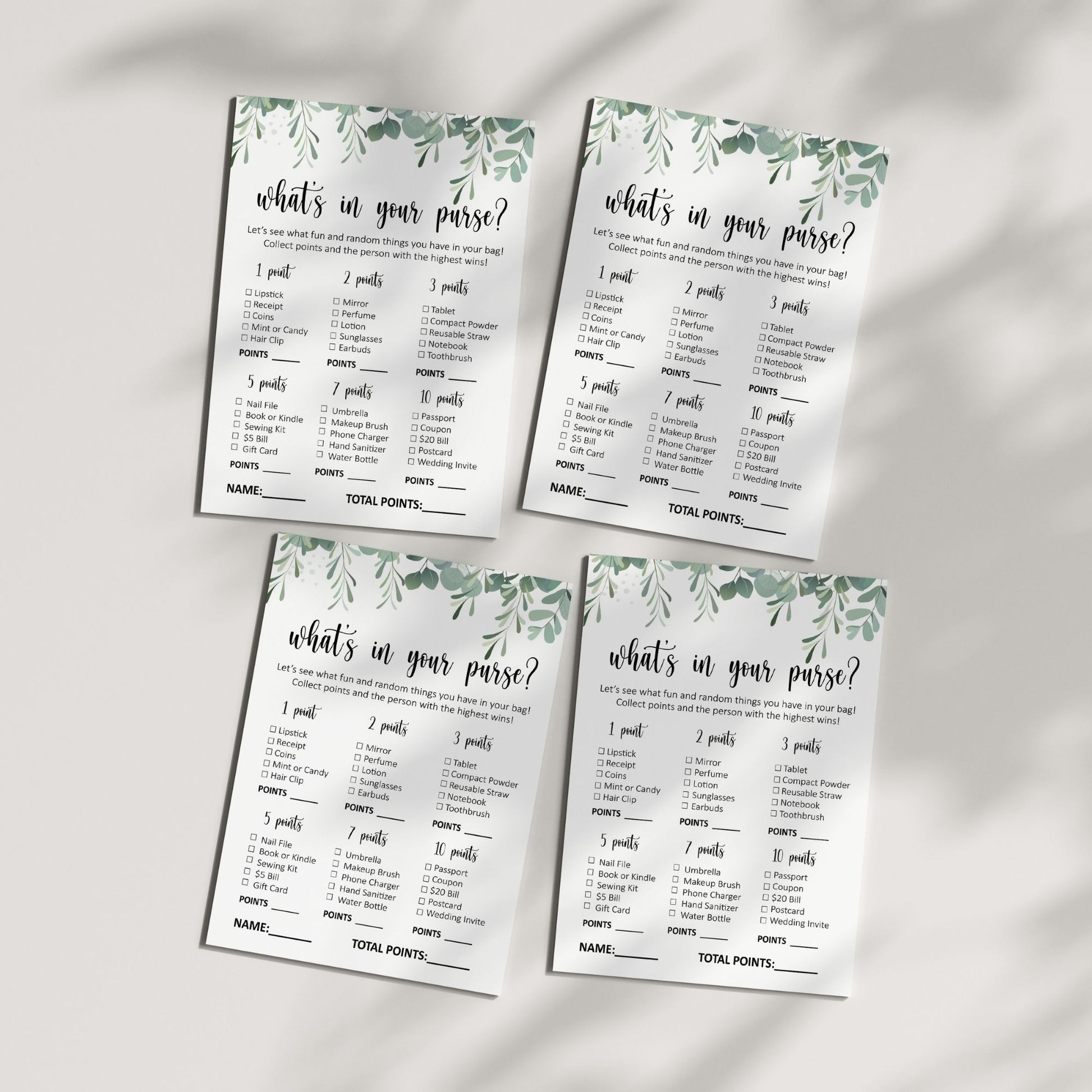 What's in Your Purse Bridal Shower Game | Fun Greenery-Themed Party Activity | Printable Instant Download | Interactive Game for Guests