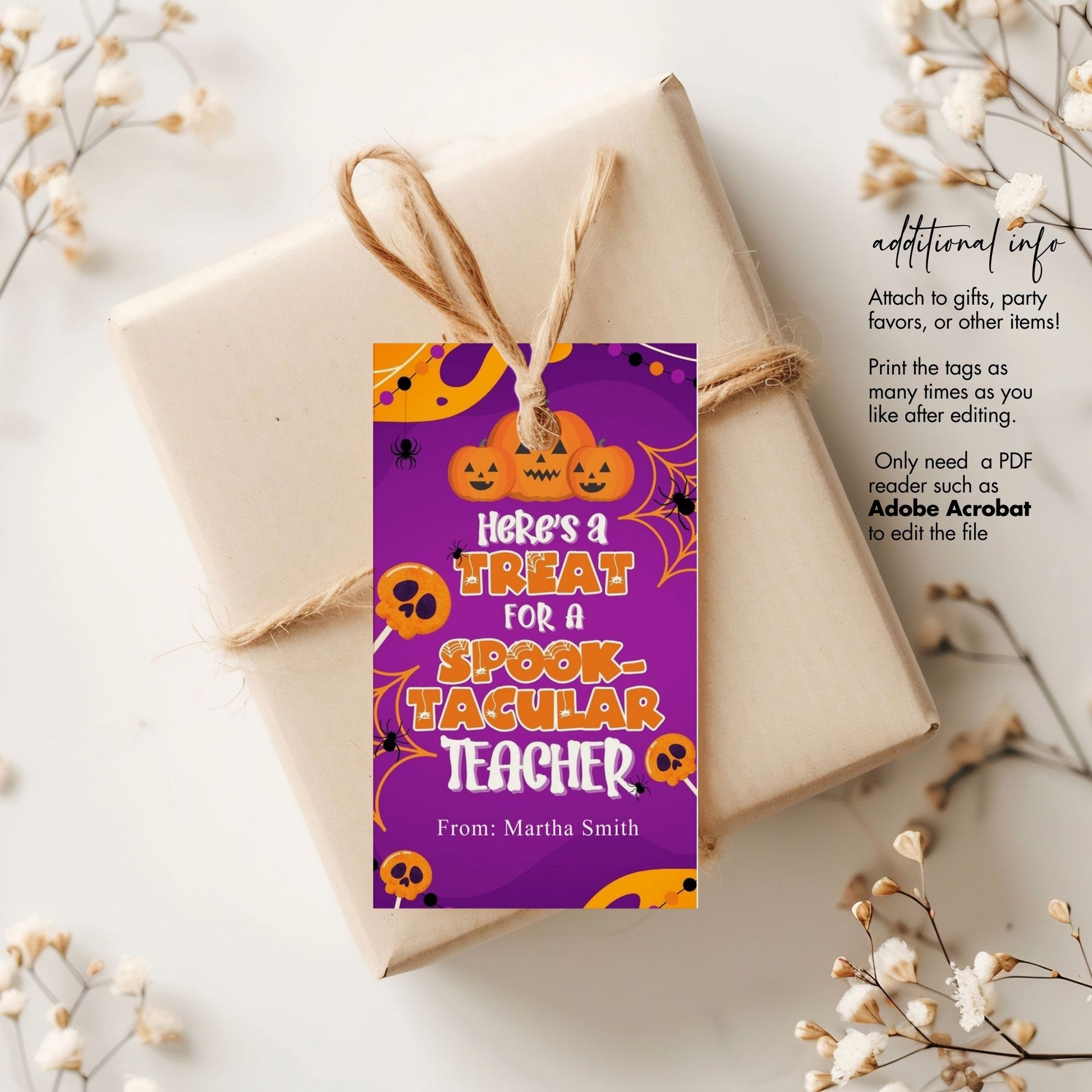 Personalized Halloween Favor Tags for Spooktacular Teacher Gifts - Printable 2x3.5 Inch Treat Bag Tags - Halloween Teacher Gift Labels - Editable
