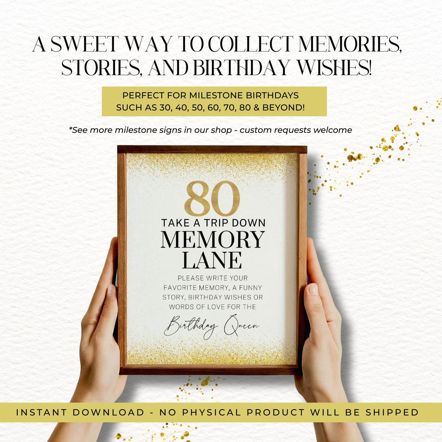 Framed milestone birthday sign with hands holding it, on a white background with gold accents.
