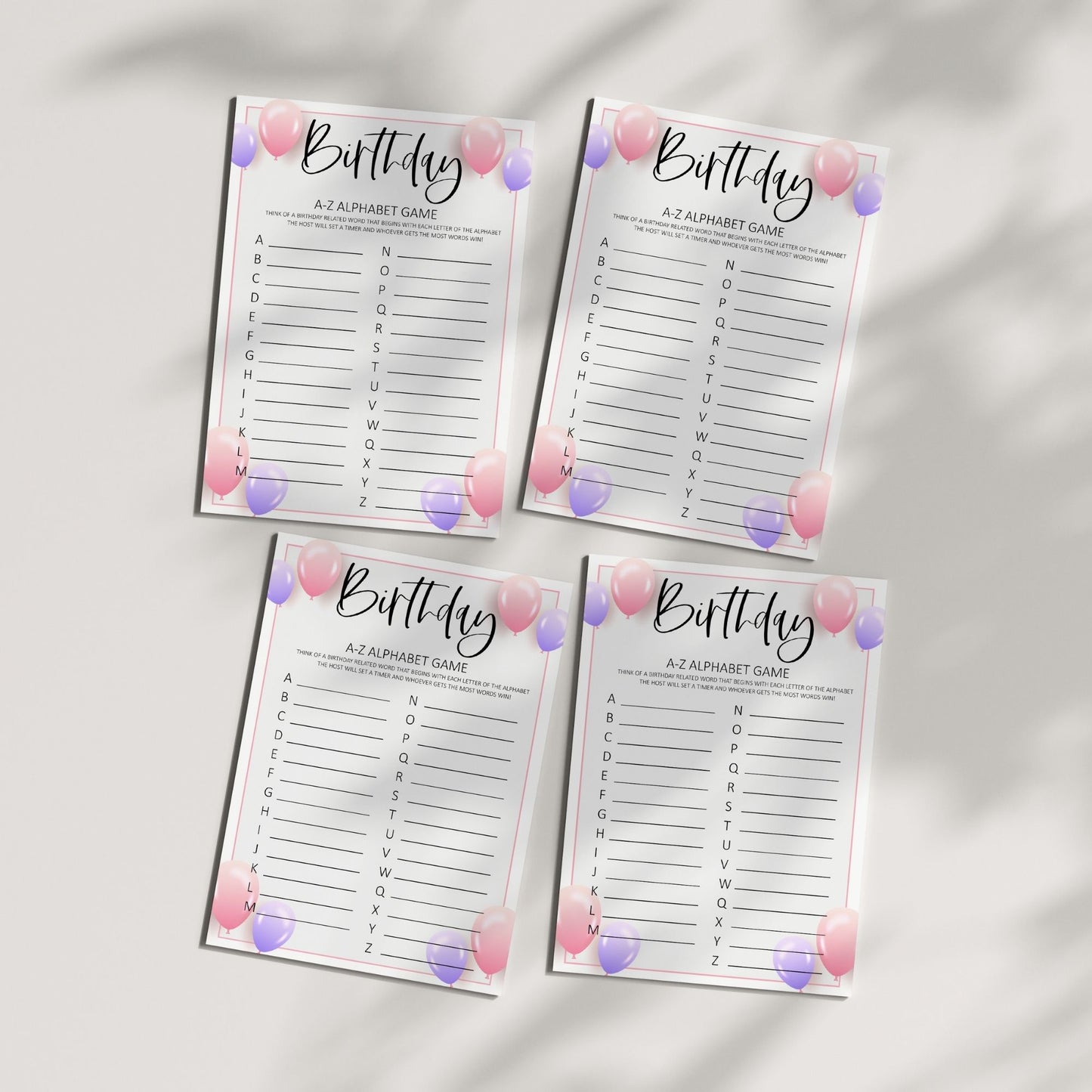 Birthday A-Z Alphabet Game, Fun Printable Birthday Party Activity with Balloon Theme, Interactive Word Game, Instant Download for All Ages