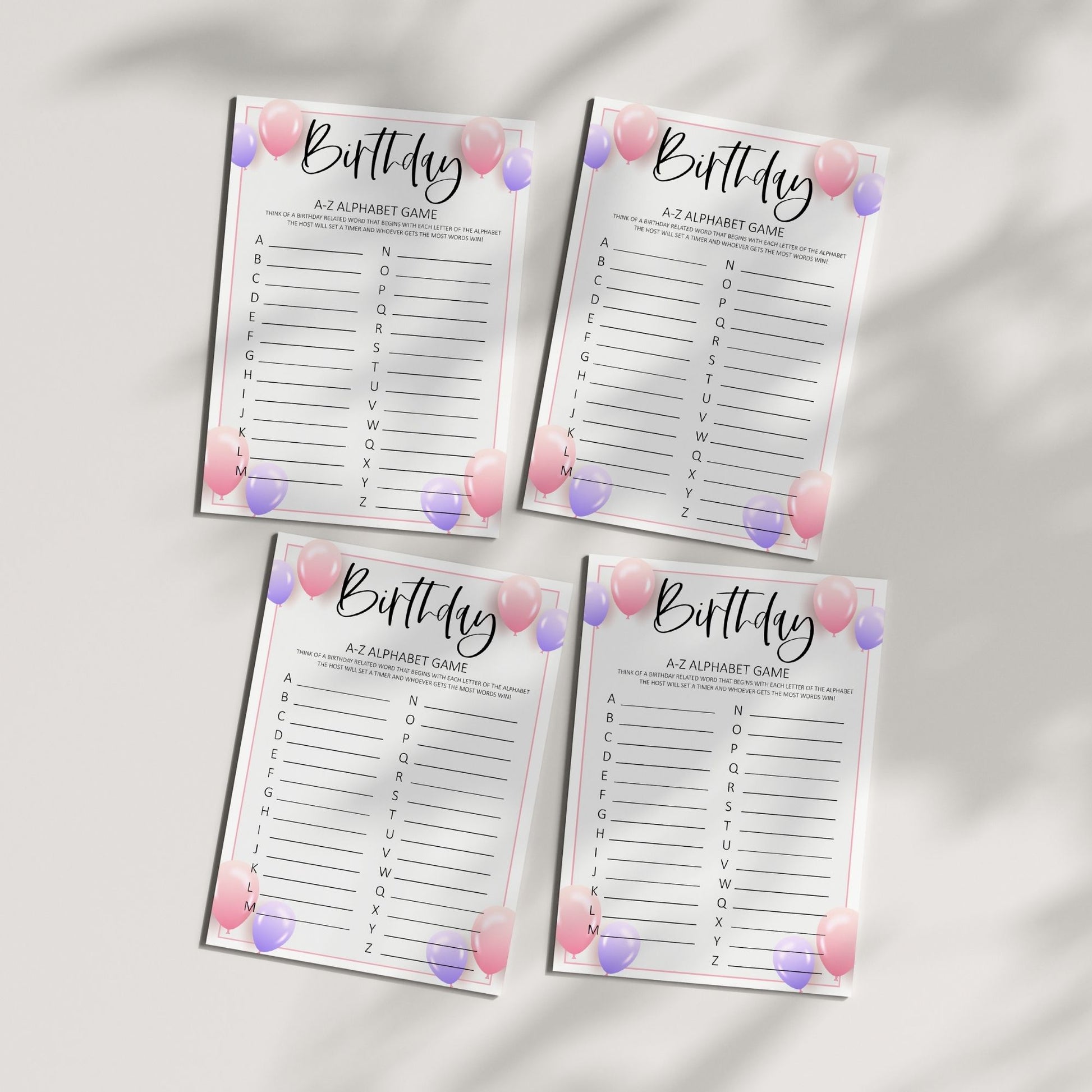 Birthday A-Z Alphabet Game, Fun Printable Birthday Party Activity with Balloon Theme, Interactive Word Game, Instant Download for All Ages