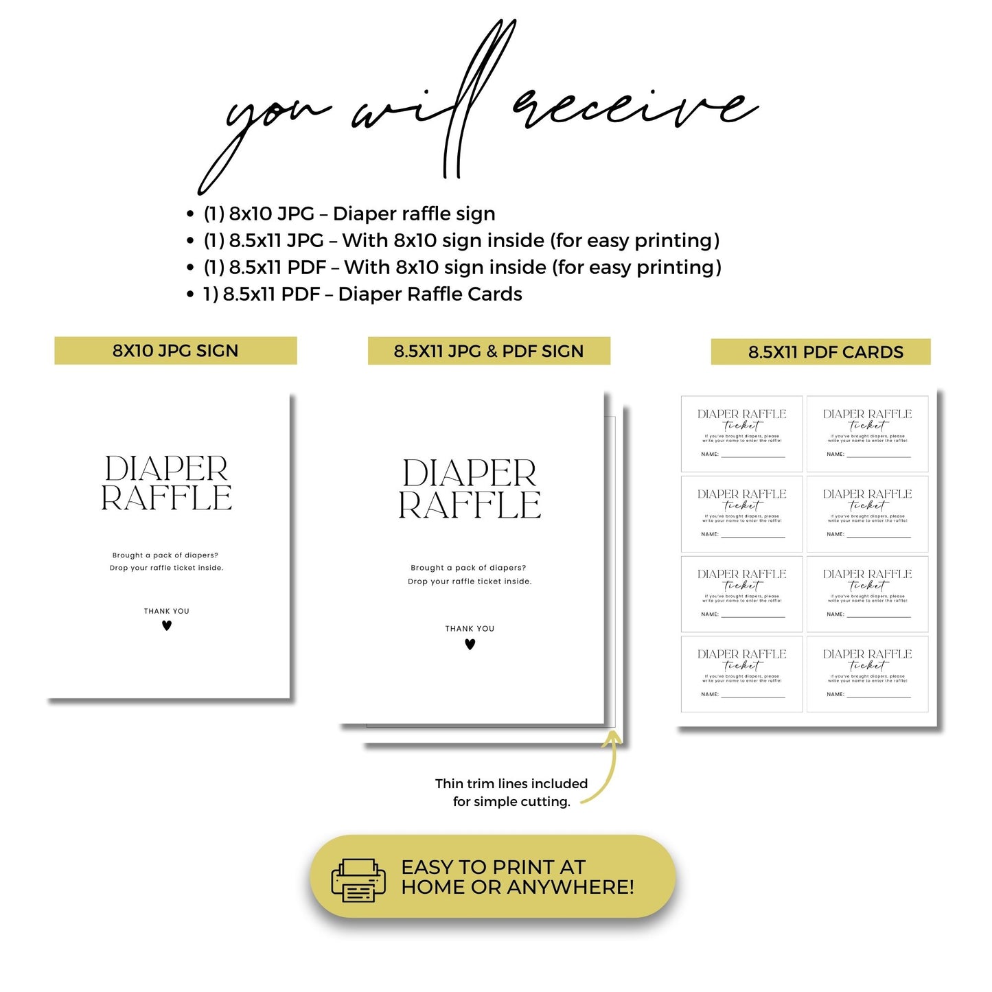 Minimalist Diaper Raffle Sign & Cards Printable, Baby Shower Game Instant Download, 8x10 JPG, 8.5x11 PDF, Gender Neutral Template