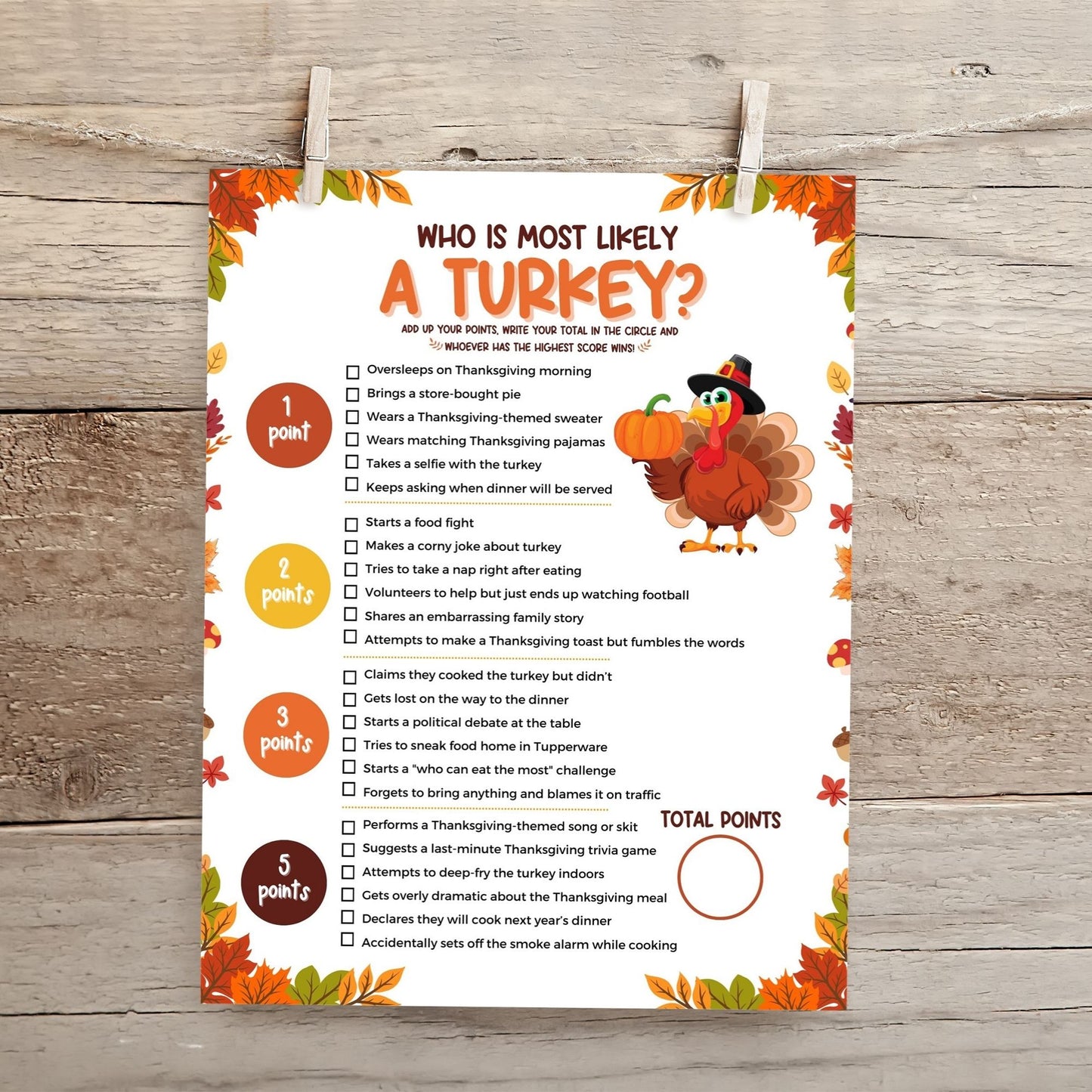 Who Is Most Likely A Turkey Thanksgiving Game | Fun Printable Family Party Activity | Instant Download PDF & JPG | Thanksgiving Trivia Game