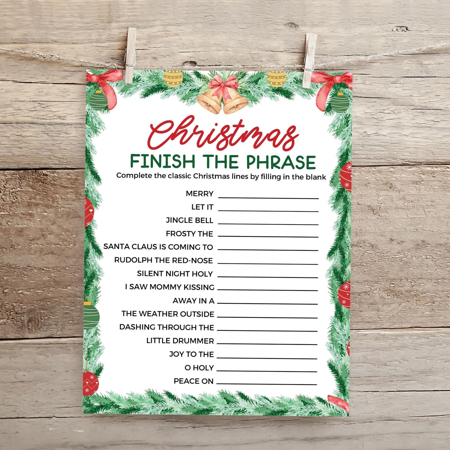 Christmas Finish the Phrase Game – Printable Holiday Game – Fun Christmas Lyric Challenge – Festive Party Game – Instant Download