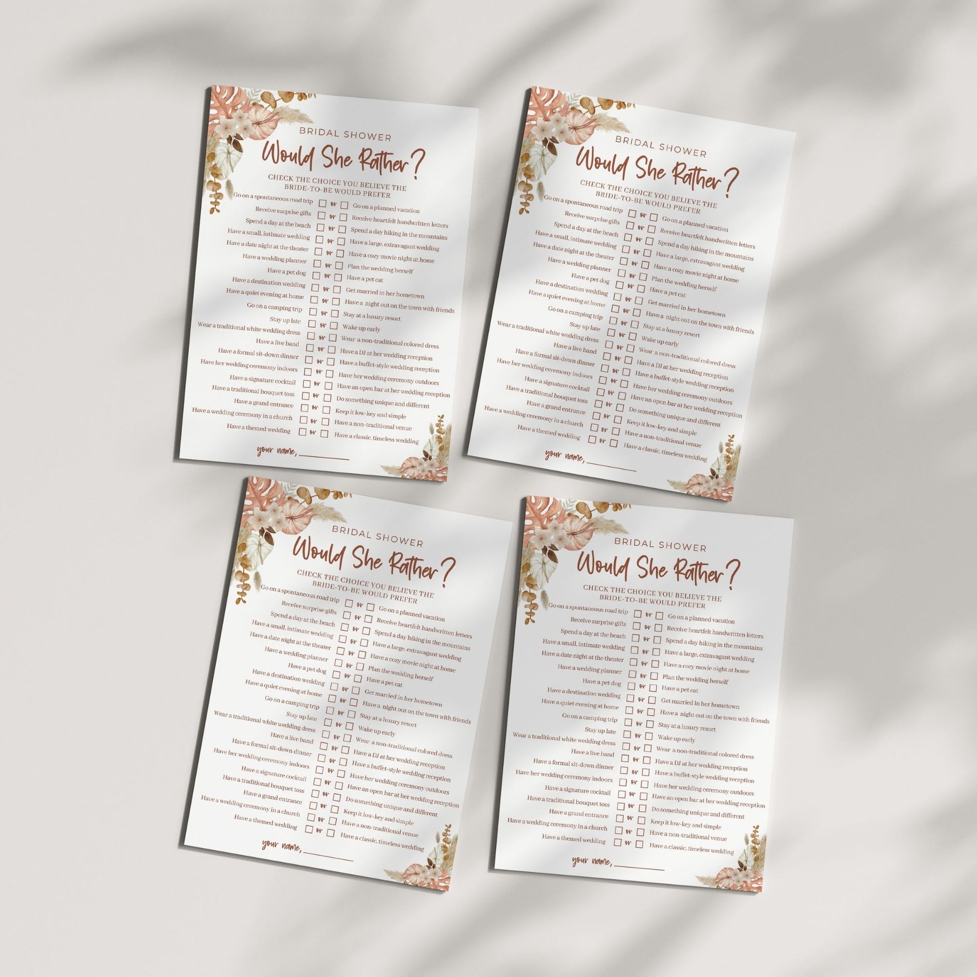 Bridal Shower Game, Would She Rather Printable, Fun Wedding Shower Activity, Floral Boho Theme, Instant Download, Bridal Party Game