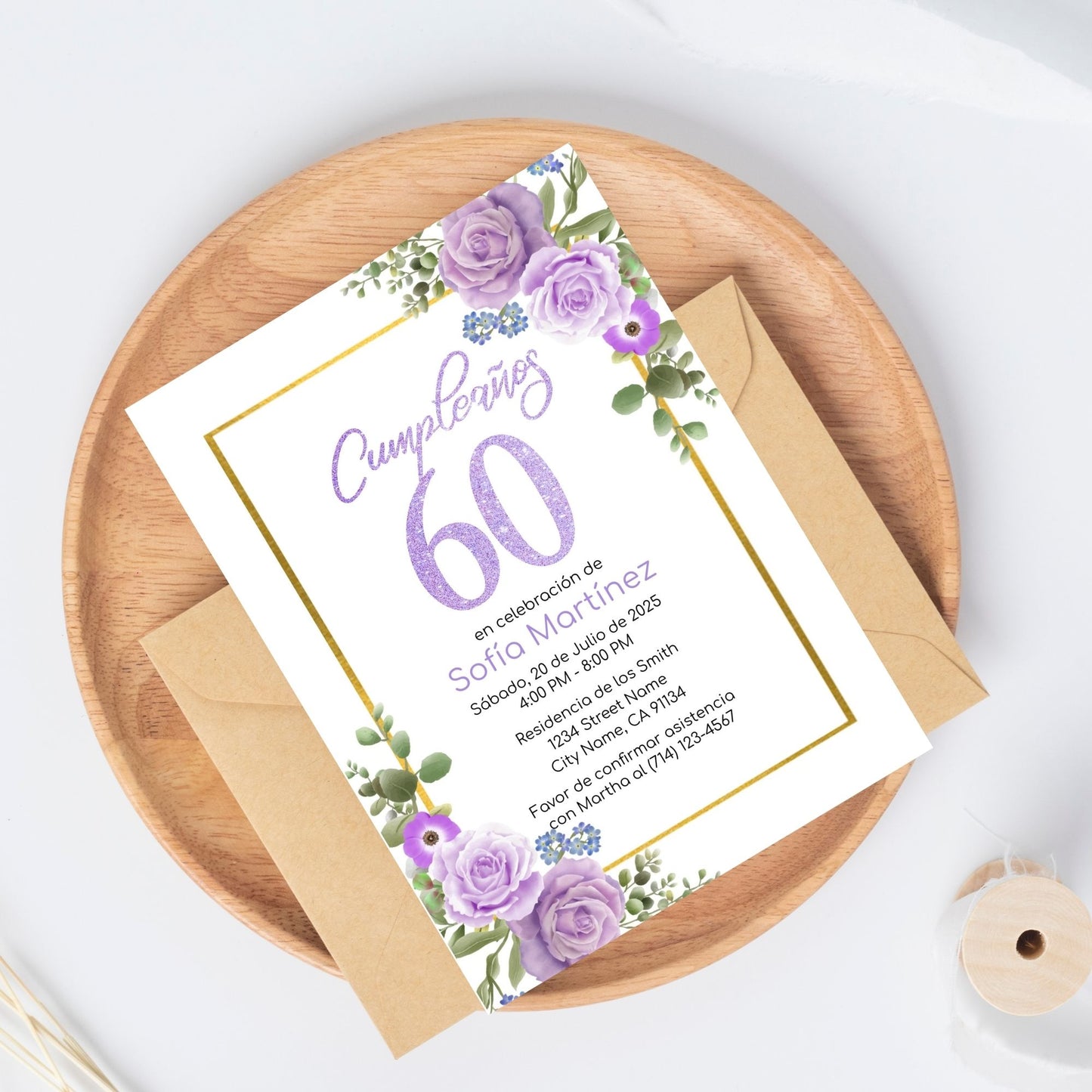 60th 70th 80th Purple Floral Cumpleaños Invitation | Editable Corjl Spanish Birthday Template | Floral Birthday Template | Birthday