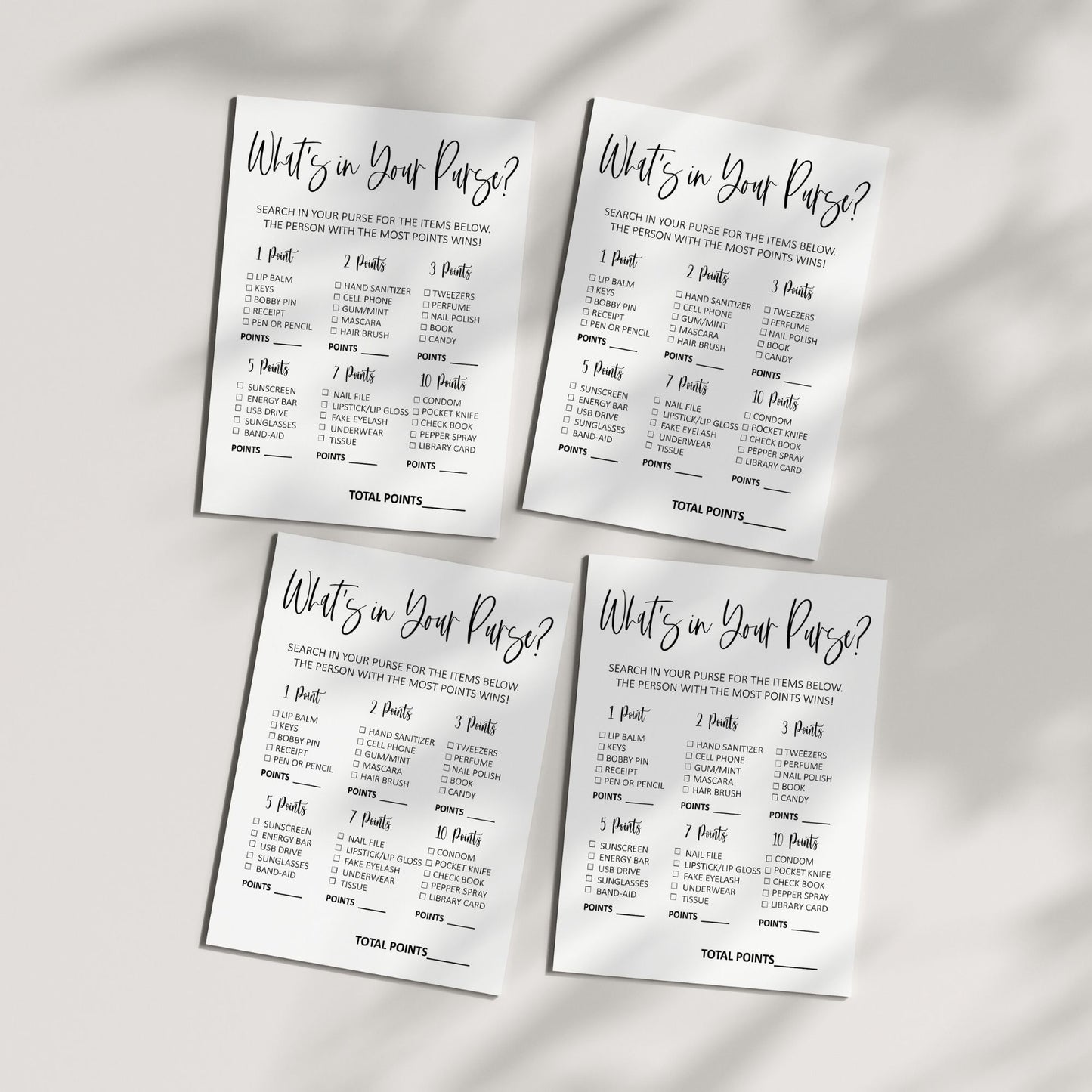 What's in Your Purse? Bridal Shower Game, Fun Printable Party Activity, Modern Black and White Design, Instant Download