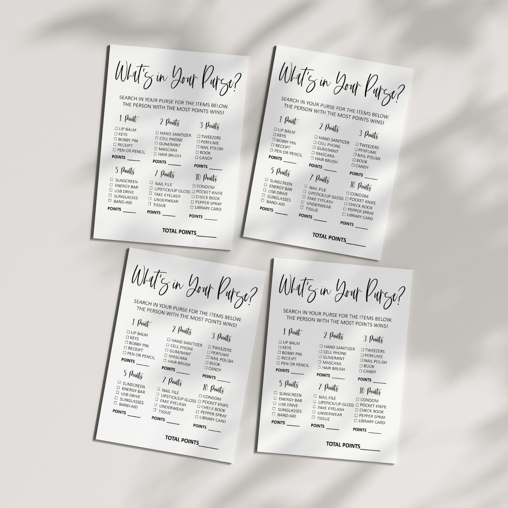 What's in Your Purse? Bridal Shower Game, Fun Printable Party Activity, Modern Black and White Design, Instant Download