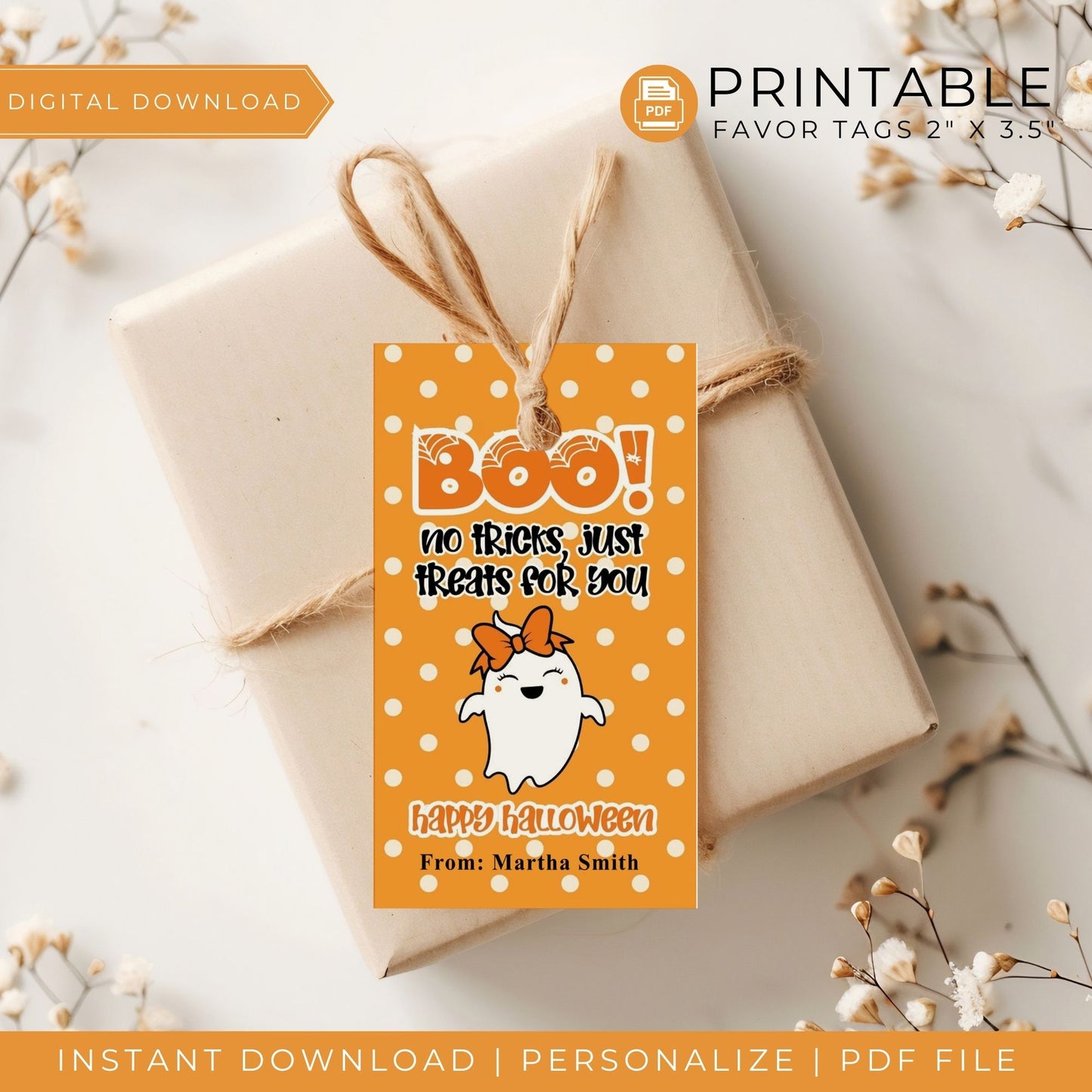 Boo! No Tricks, Just Treats" Halloween Favor Tags - Cute Printable 2x3.5 Inch Ghost Tags - Trick or Treat Bag Tags - Instant Download