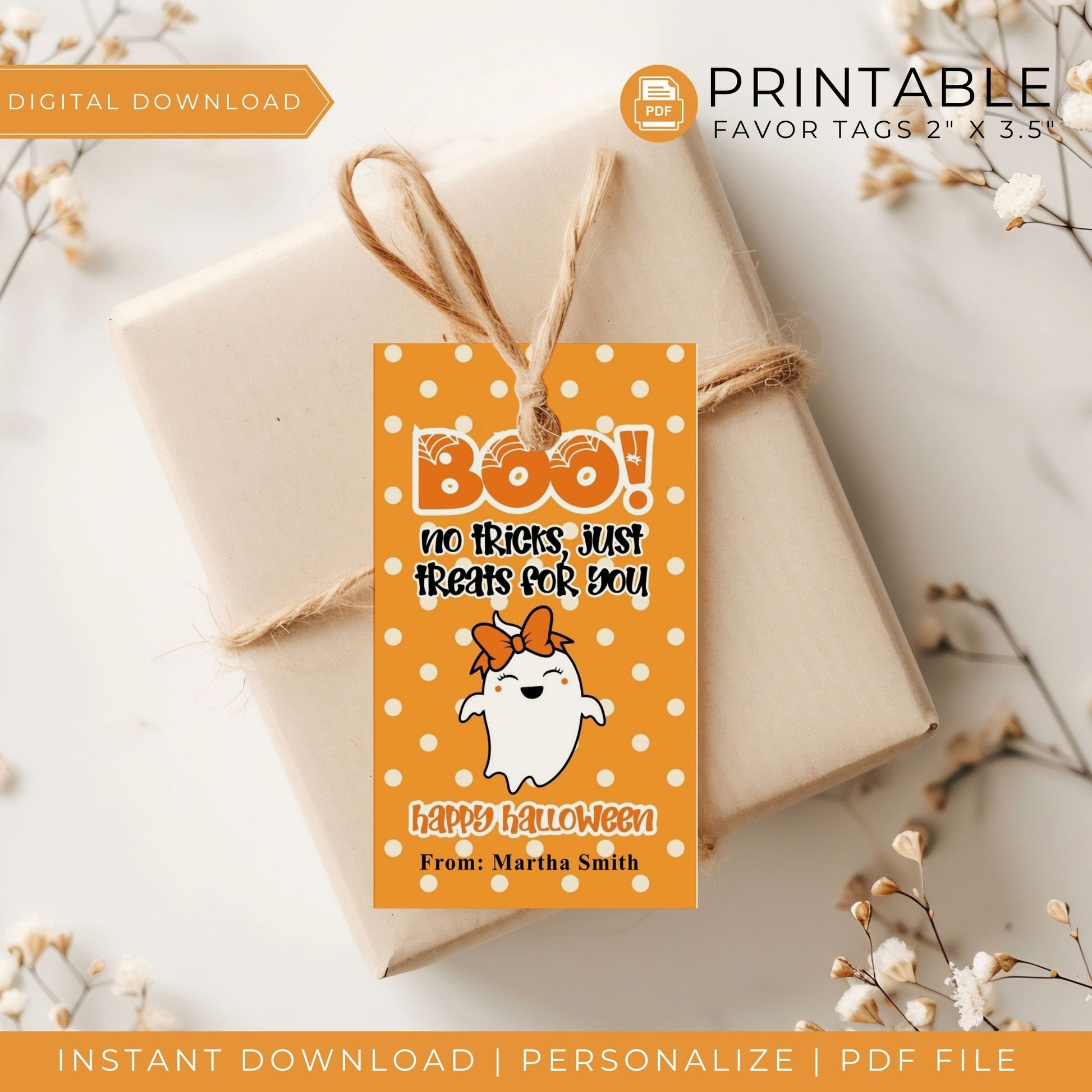 Boo! No Tricks, Just Treats" Halloween Favor Tags - Cute Printable 2x3.5 Inch Ghost Tags - Trick or Treat Bag Tags - Instant Download