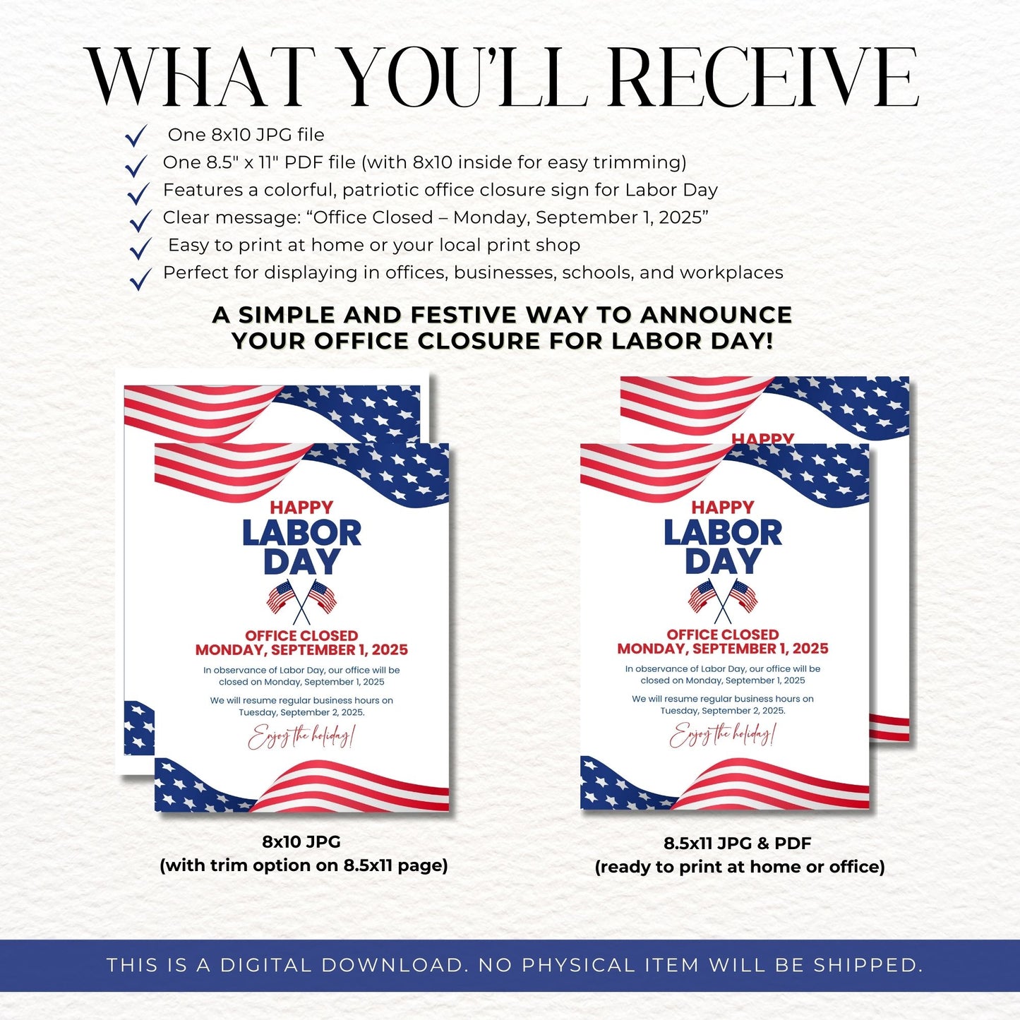 Labor Day office closure sign with American flag design, digital file details on a white background.