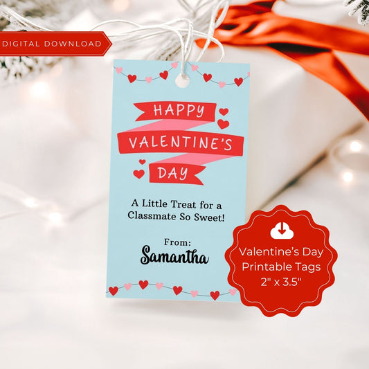 Editable Valentine’s Day Gift Tag for Classmates - 2x3.5 Treat Bag Tags - Custom Printable Corjl Template