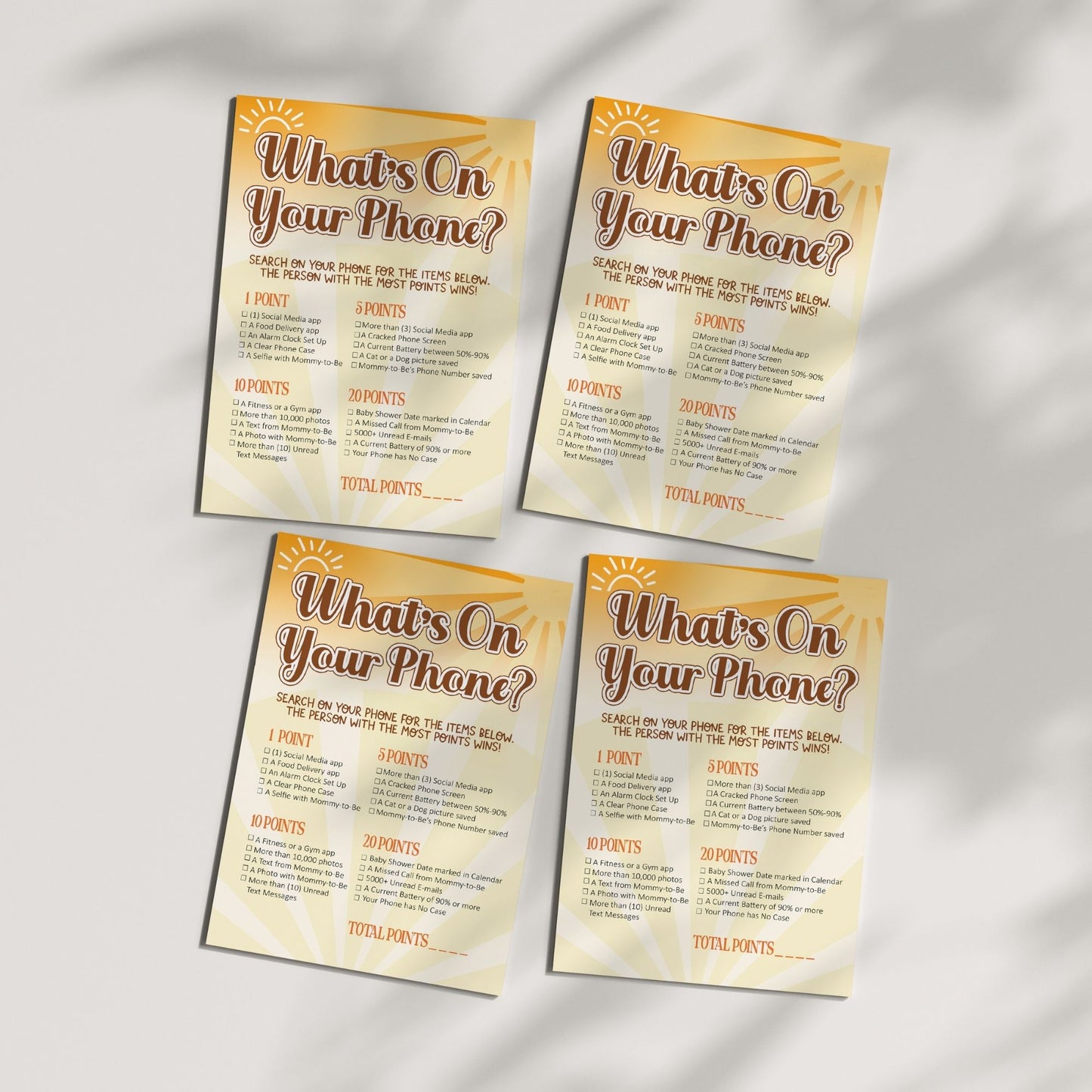 What's on Your Phone Game – Printable Baby Shower & Bridal Shower Activity, Fun Party Game, Sunburst Design, Instant Download, Baby Shower Games, Party Printables