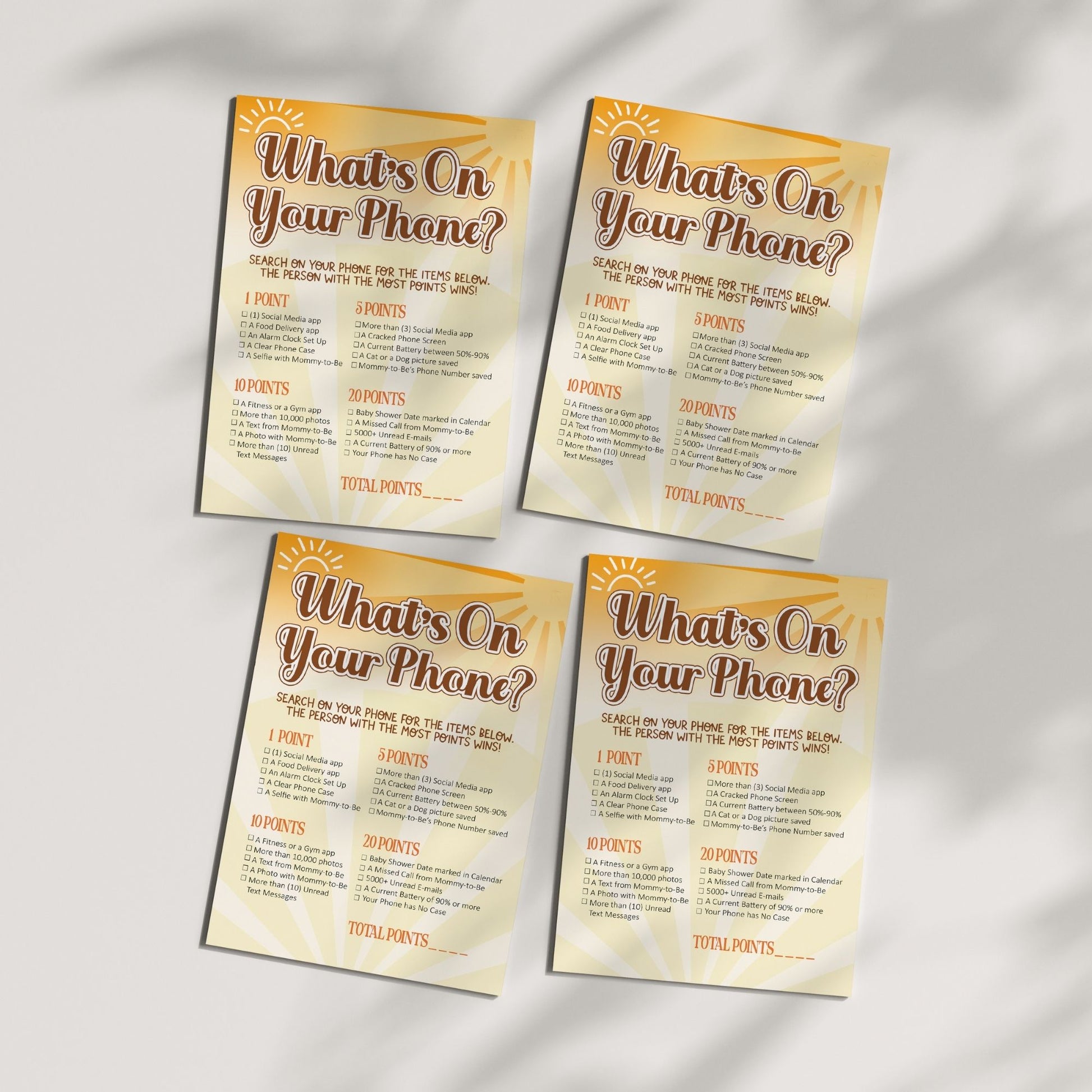 What's on Your Phone Game – Printable Baby Shower & Bridal Shower Activity, Fun Party Game, Sunburst Design, Instant Download, Baby Shower Games, Party Printables