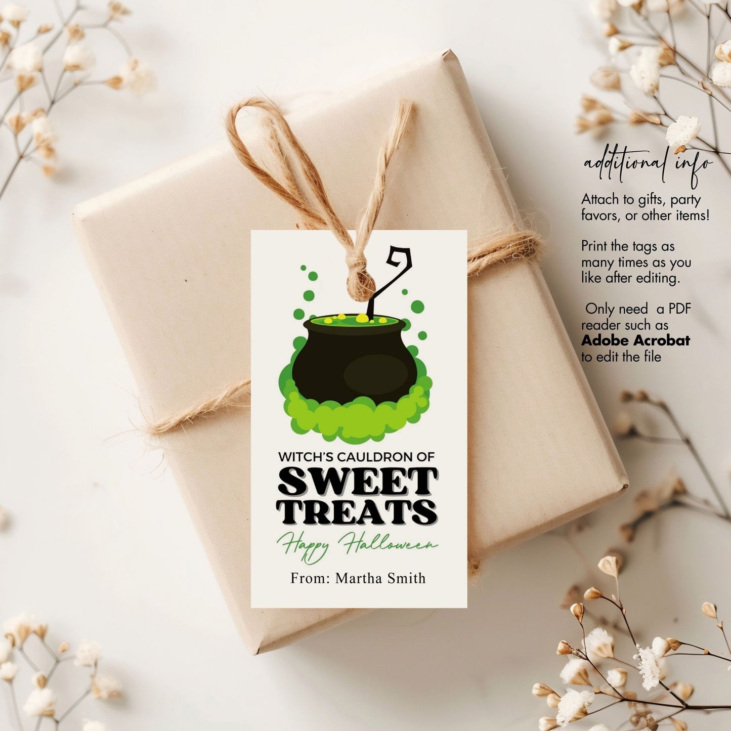 Witch's Cauldron of Sweet Treats Halloween Favor Tags - Printable Halloween Party Tags - Spooky Cauldron Gift Tags for Trick or Treat Bags and Party Favors