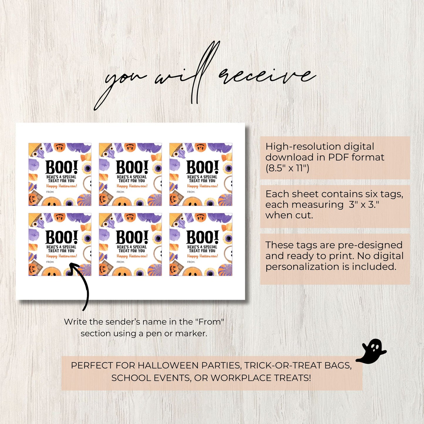 Halloween Boo Treat Tags | Printable 3x3" Tags for Special Treats | Halloween Favor Tags | Ready-to-Print PDF | DIY Halloween Gift Tags