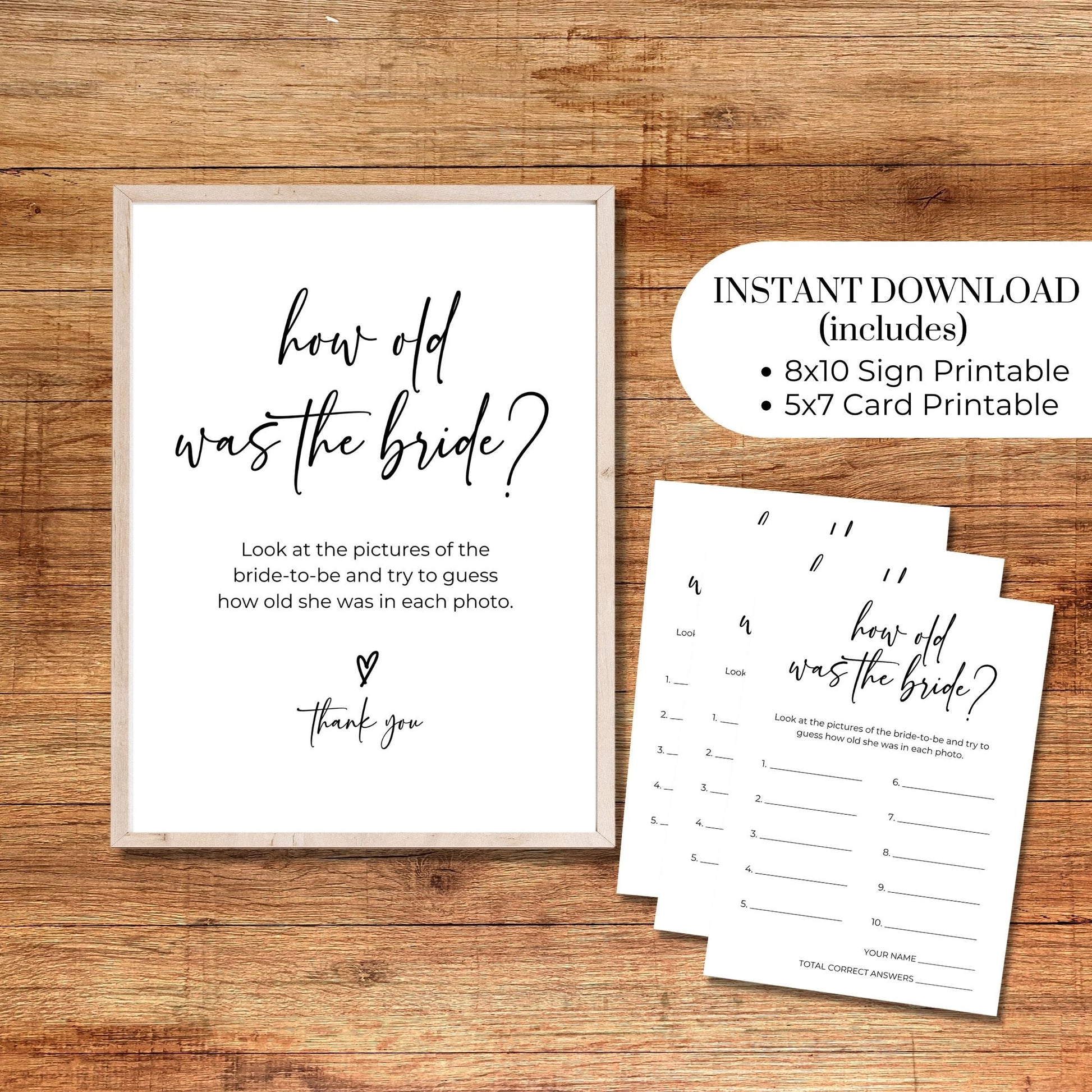 How Old Was the Bride Photo Game 8x10 Sign & 5x7 Game Card Set