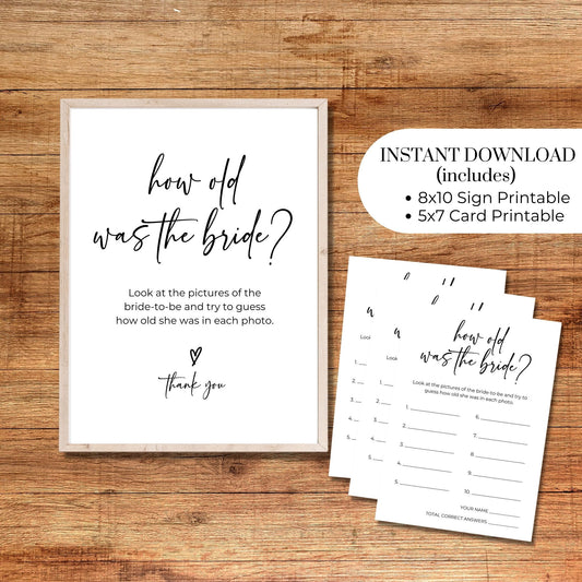 How Old Was the Bride Photo Game 8x10 Sign & 5x7 Game Card Set
