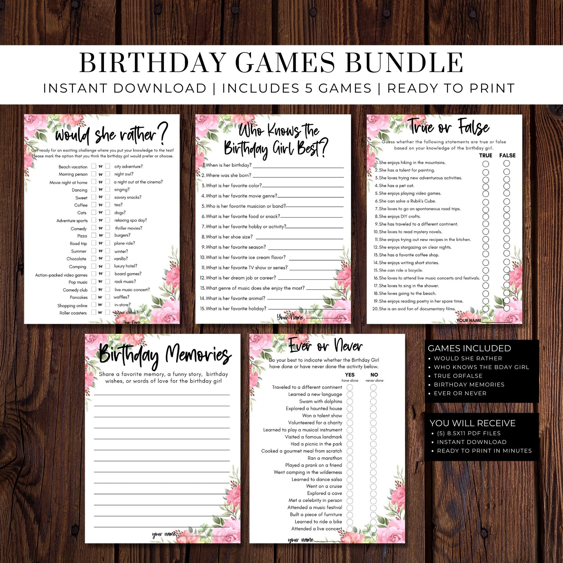 Birthday Party Games Bundle Floral - Printable