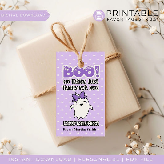 Boo! No Tricks, Just Treats Purple Halloween Favor Tags