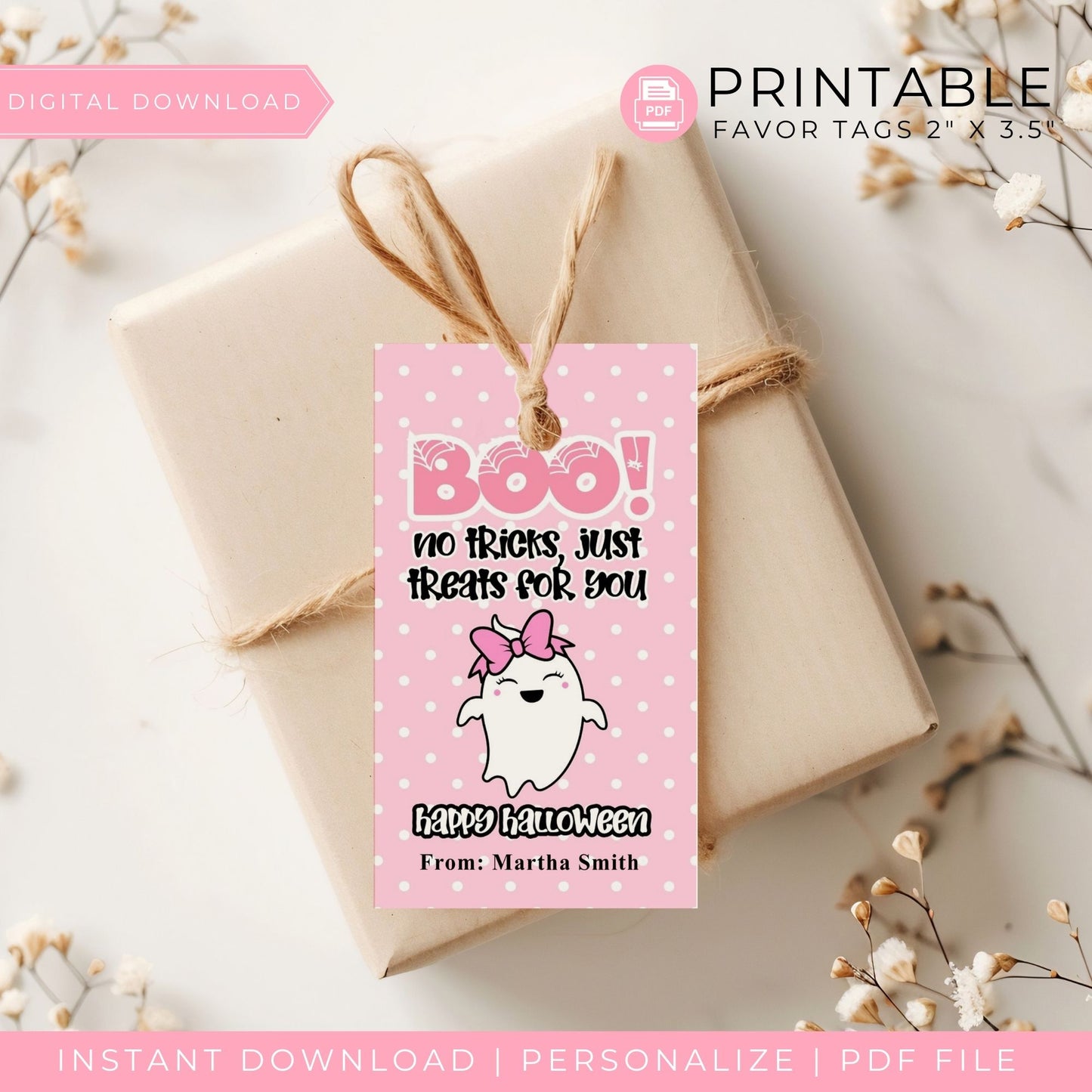 Boo! No Tricks, Just Treats" Pink Halloween Favor Tags - Cute Printable 2x3.5 Inch Ghost Tags - Personalized Halloween Gift Tags - Instant Download