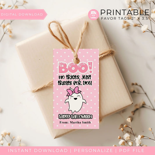 Boo! No Tricks, Just Treats" Pink Halloween Favor Tags - Cute Printable 2x3.5 Inch Ghost Tags - Personalized Halloween Gift Tags - Instant Download