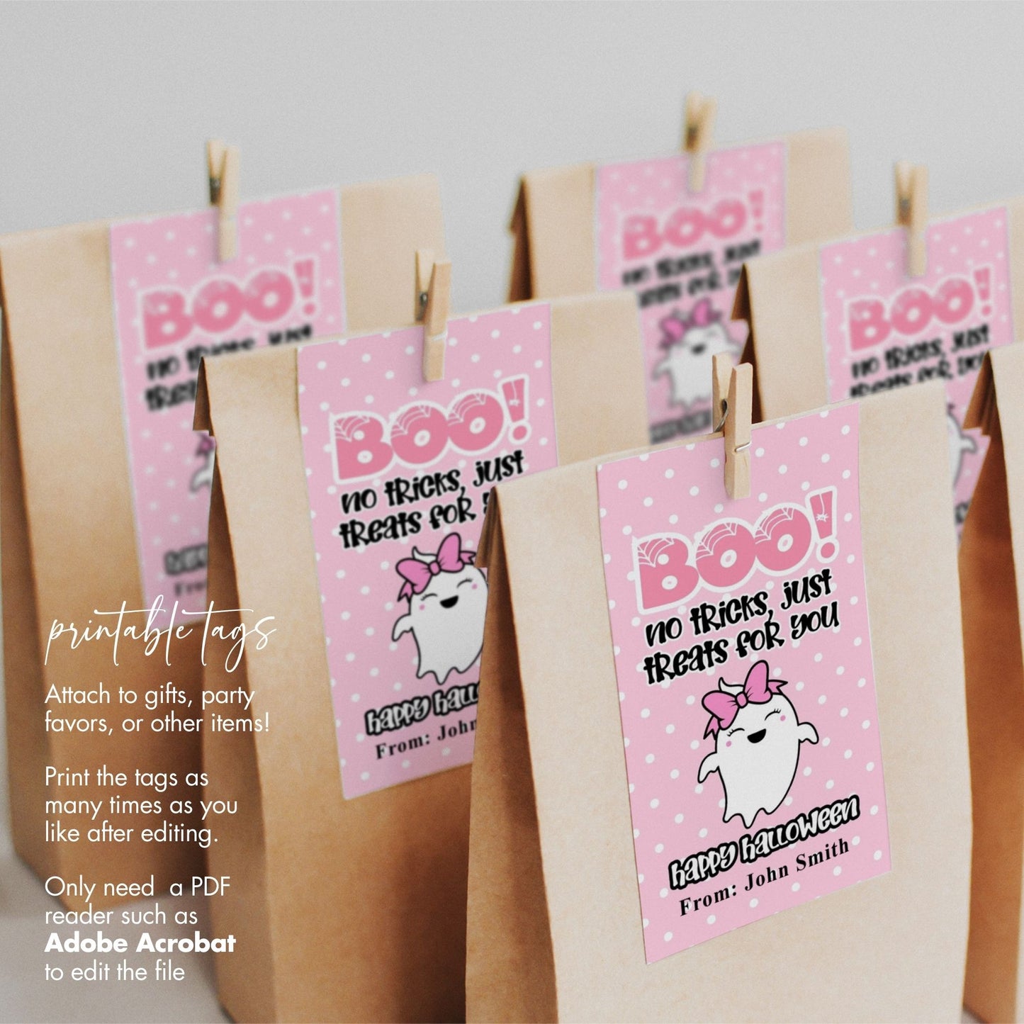 Boo! No Tricks, Just Treats" Pink Halloween Favor Tags - Cute Printable 2x3.5 Inch Ghost Tags - Personalized Halloween Gift Tags - Instant Download