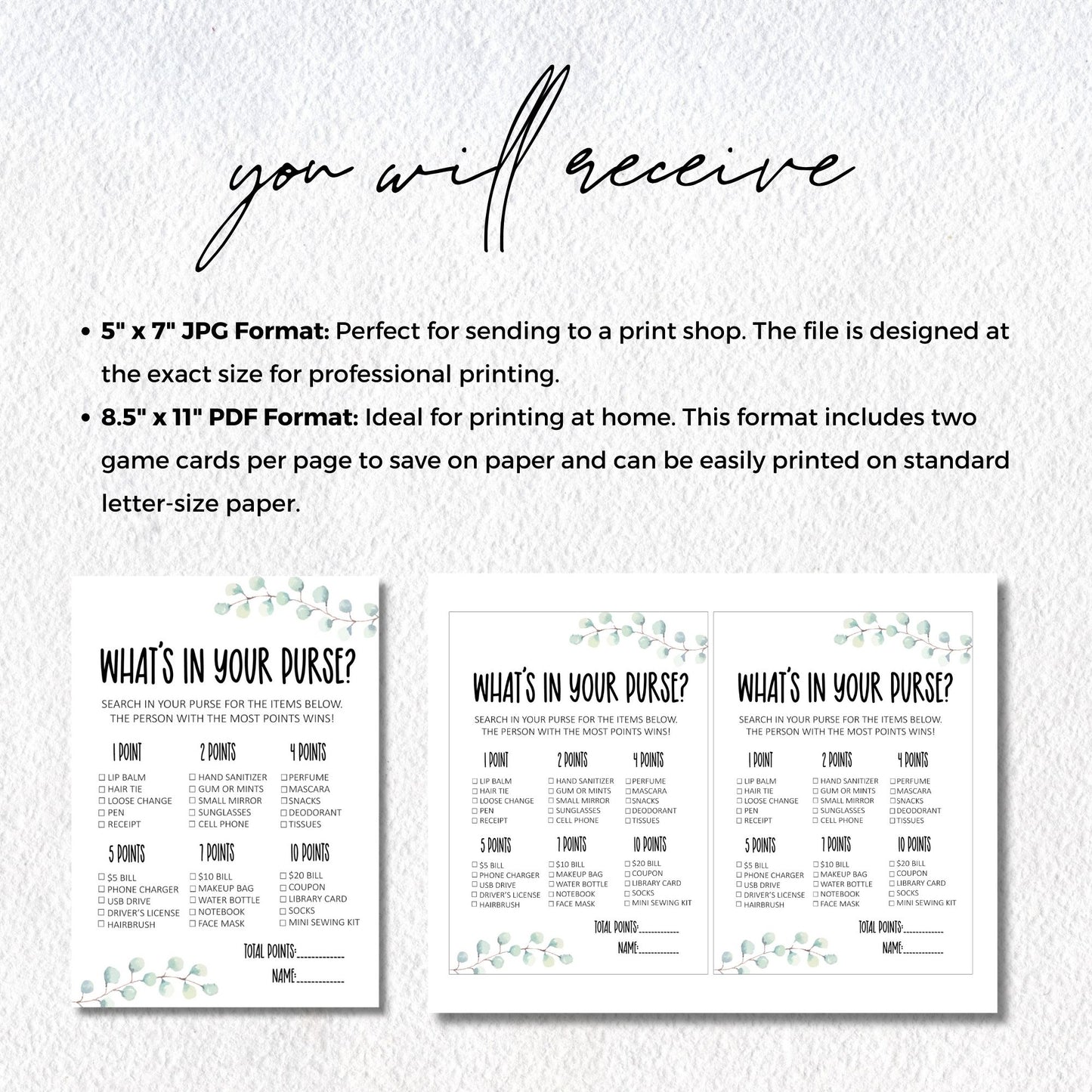 What's in Your Purse Baby Shower Game Greenery