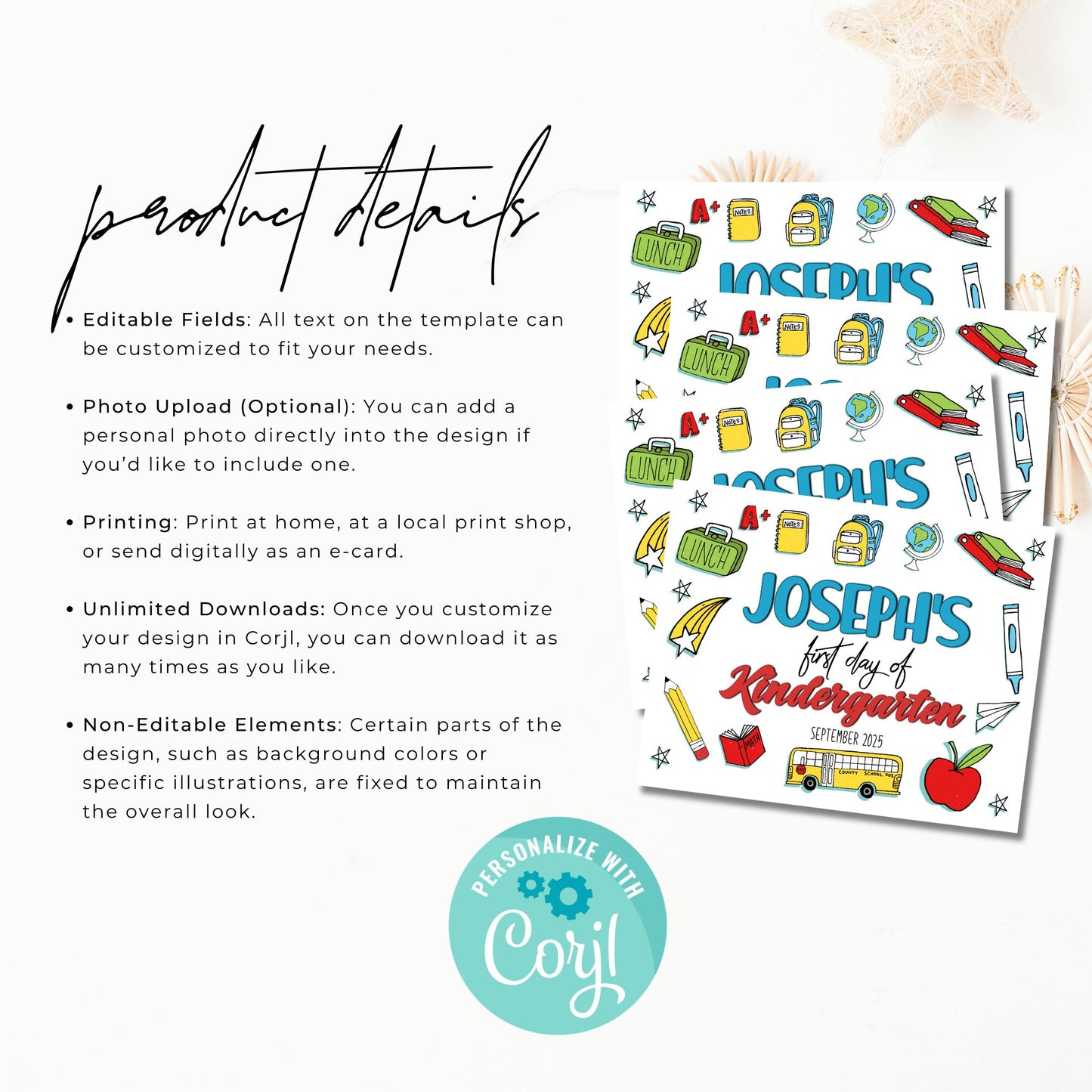 Product details of a customizable 'first day of kindergarten' template with Corjl branding.