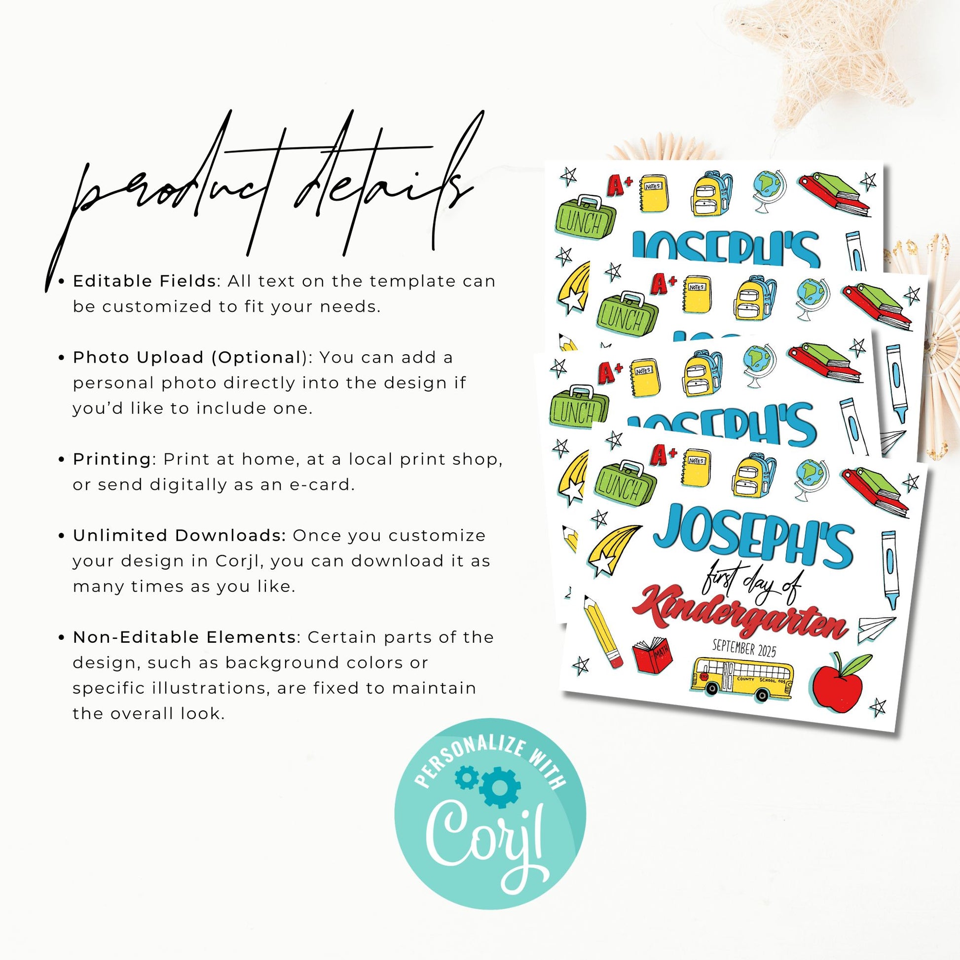 Product details of a customizable 'first day of kindergarten' template with Corjl branding.