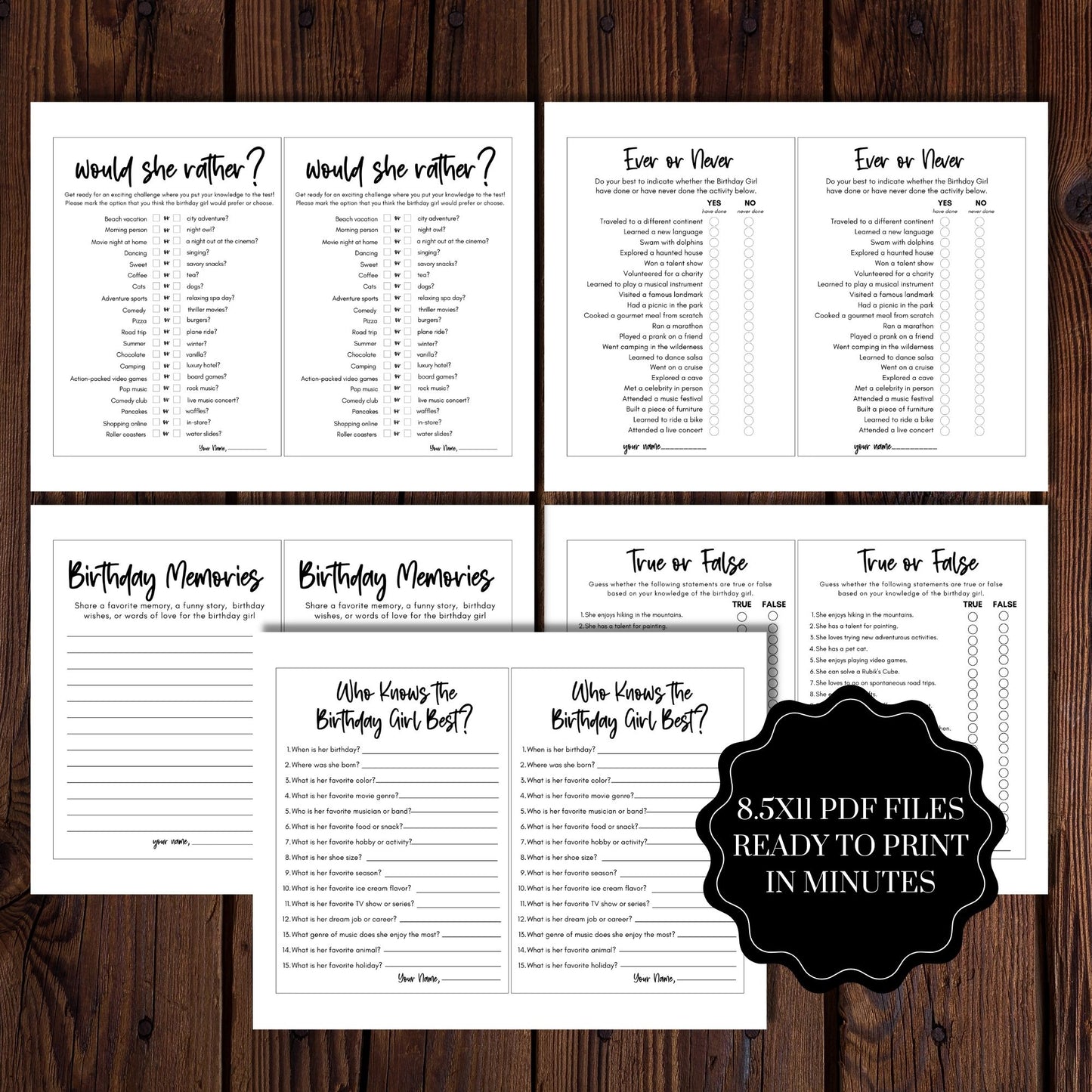 Birthday Games Bundle Printable