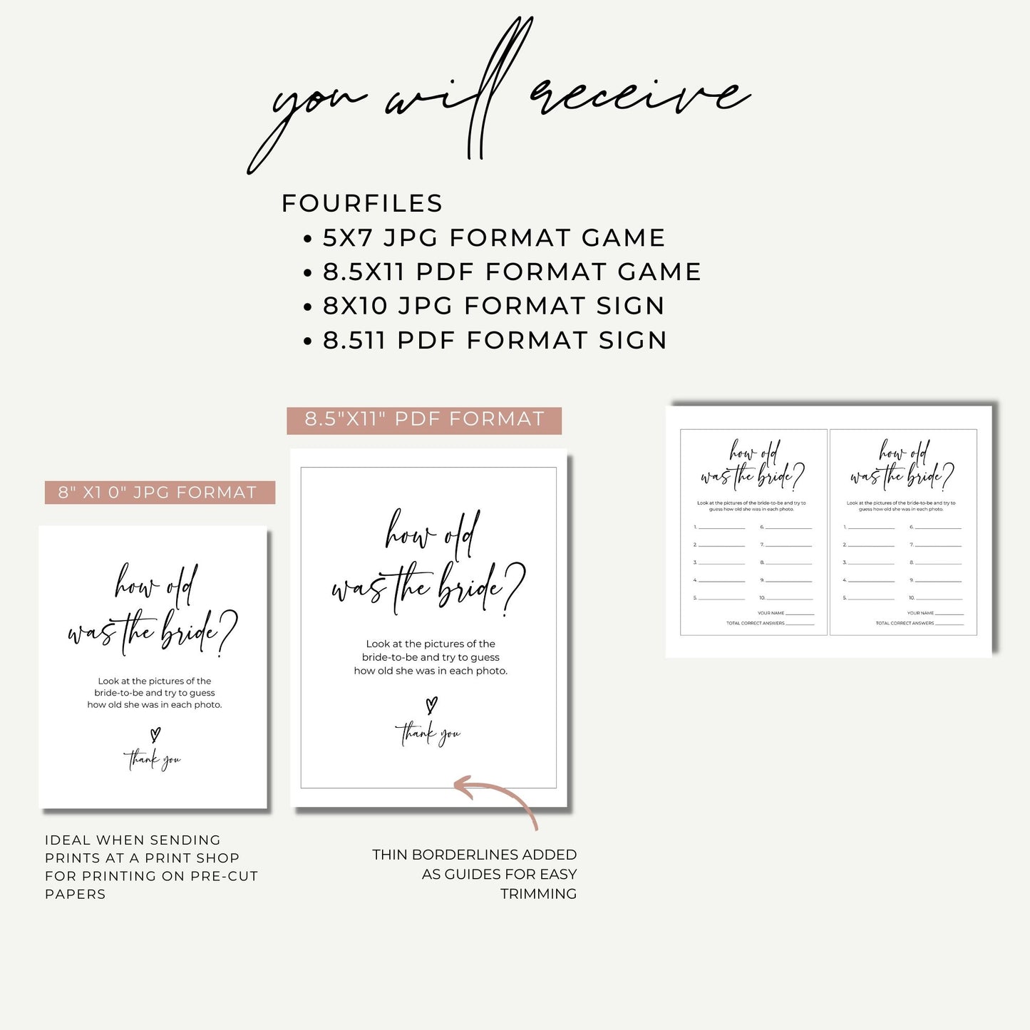 How Old Was the Bride Photo Game 8x10 Sign & 5x7 Game Card Set