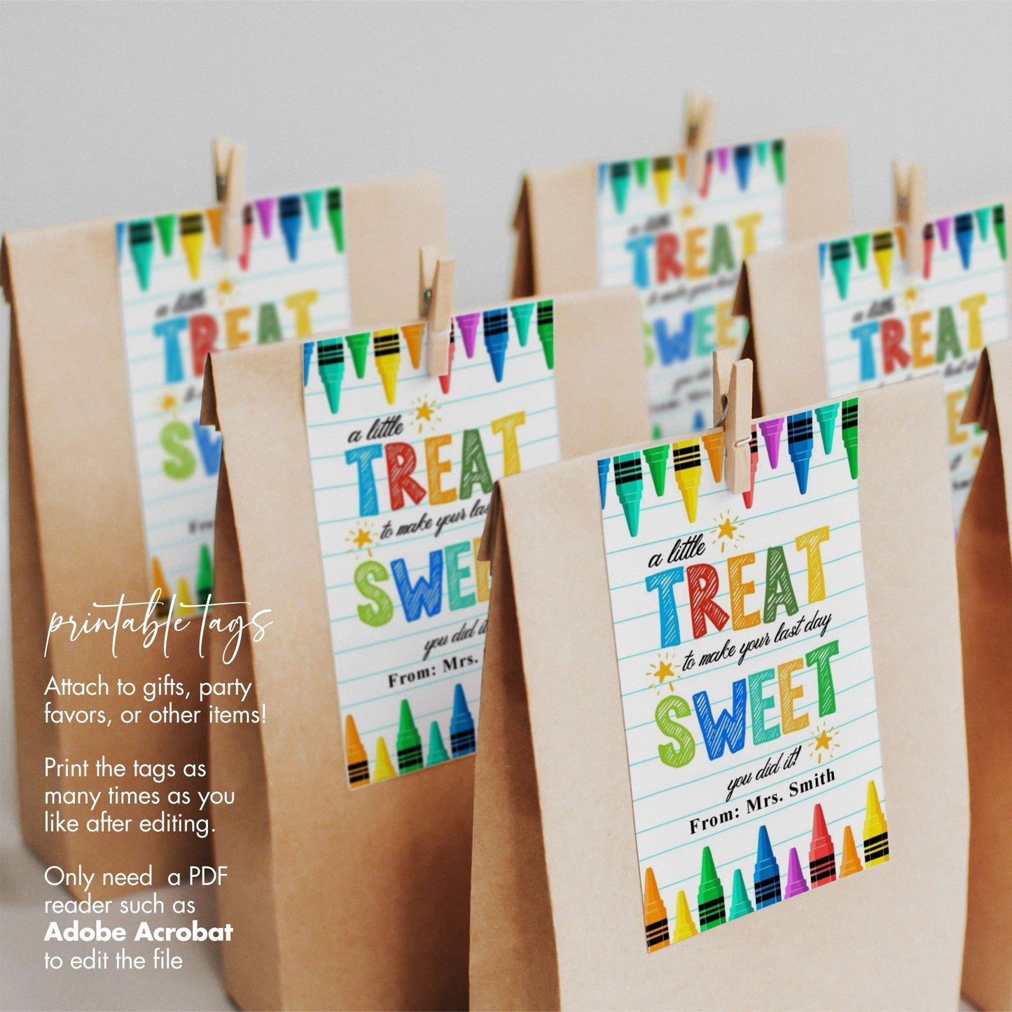 A Little Treat to Make Your Last Day Sweet" Printable Favor Tags - Colorful Crayon Design - Personalized End of School Year Gift Tags - Instant Download