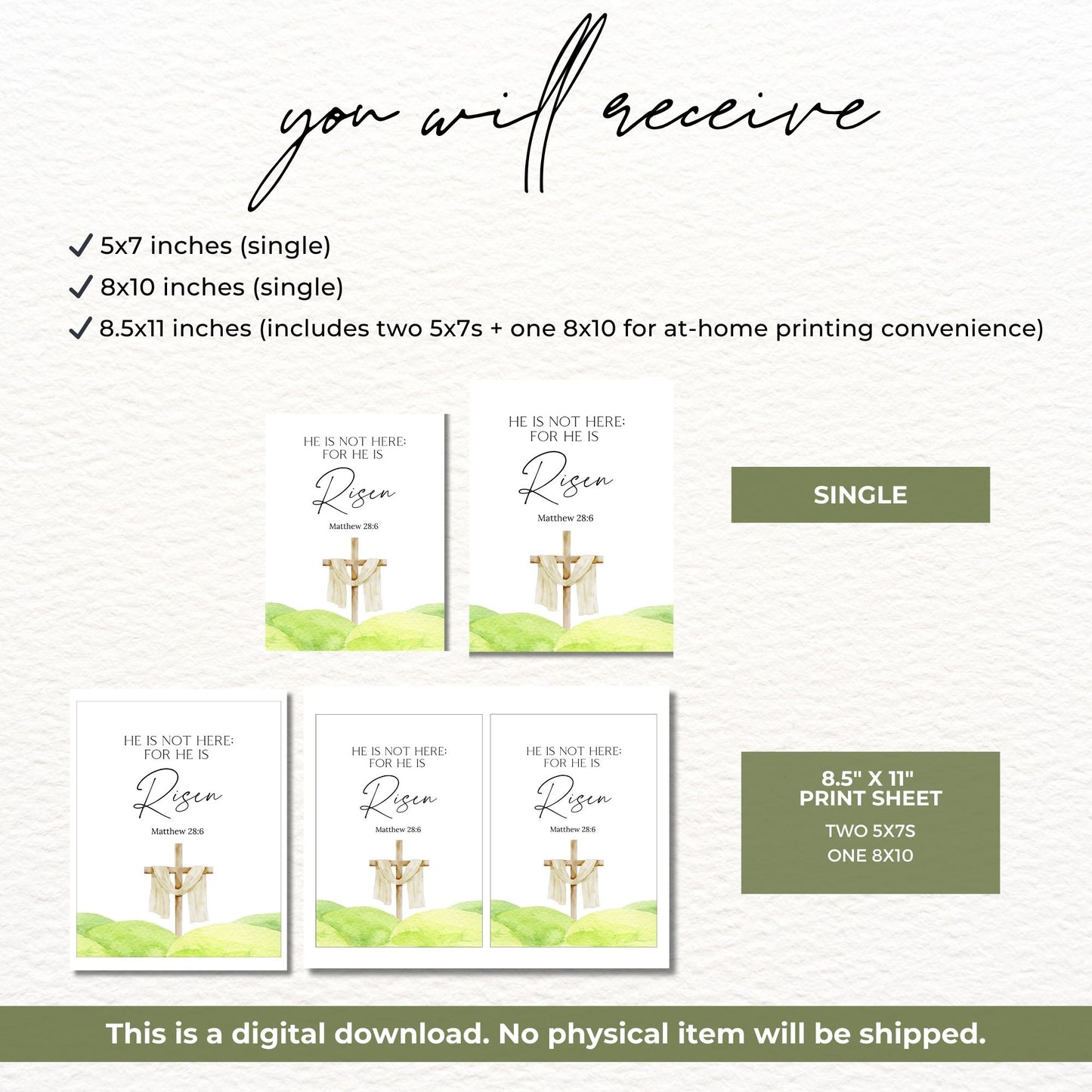 He Is Not Here, He Is Risen - Bible Verse Printable Wall Art | Easter Christian Home Decor | Scripture Digital Download 8x10 & 5x7 Files