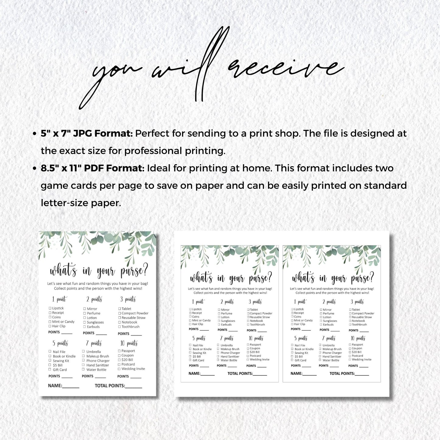 What's In Your Purse Bridal Shower Game Printable - Eucalyptus Theme