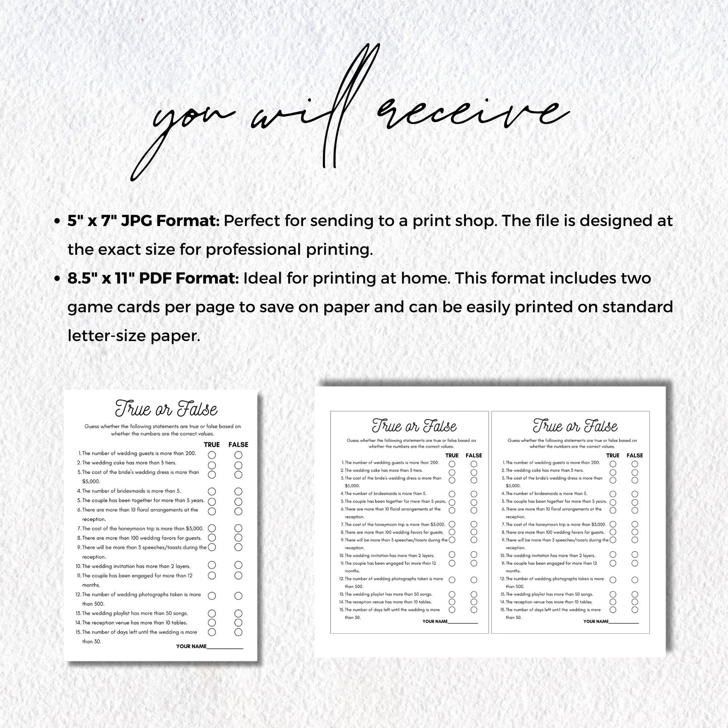 Bridal Shower Game, True or False Wedding Trivia