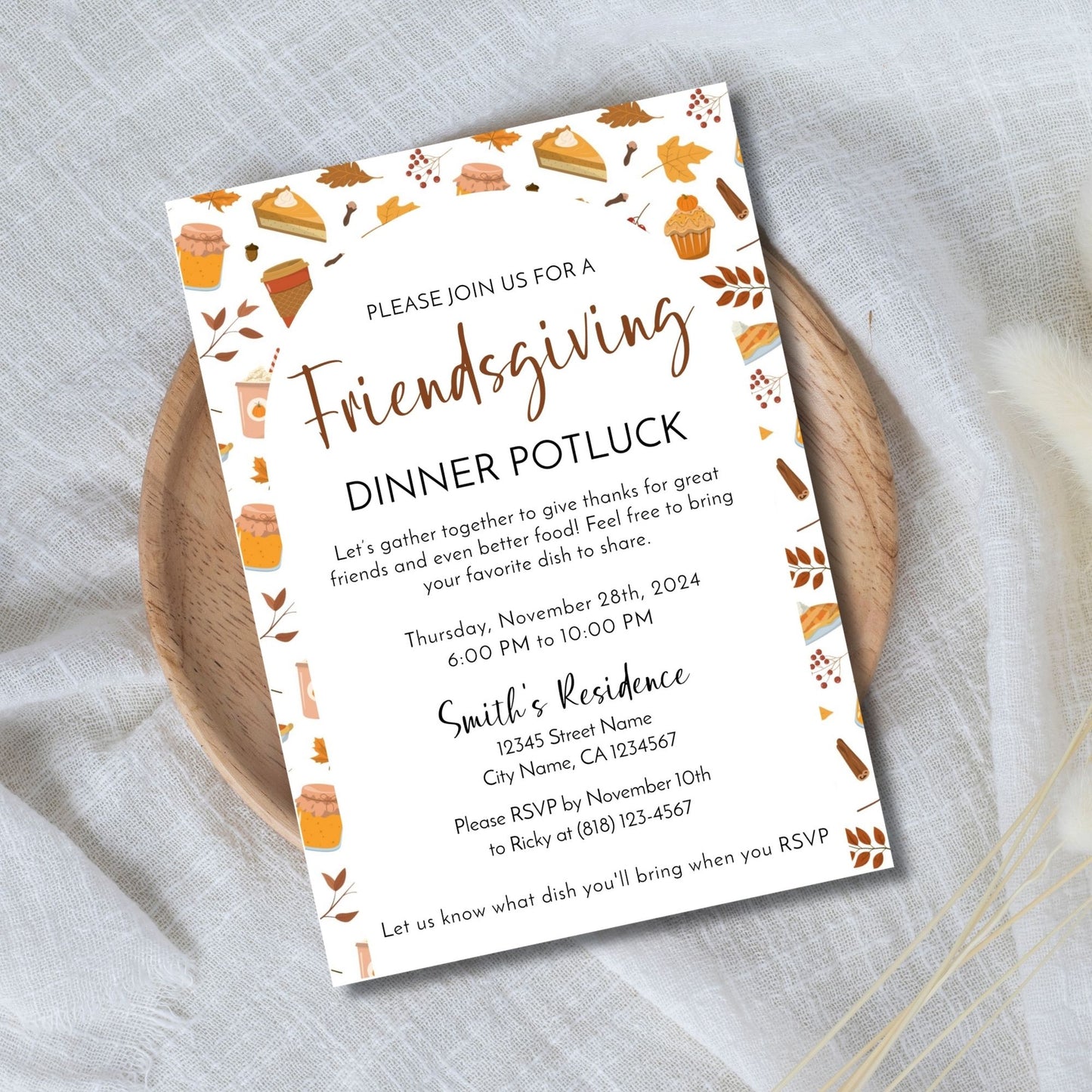 Editable Friendsgiving Invitation | Thanksgiving Potluck Dinner Invite | Fall-Themed Customizable Template | Printable 5x7 Digital Download in Corjl