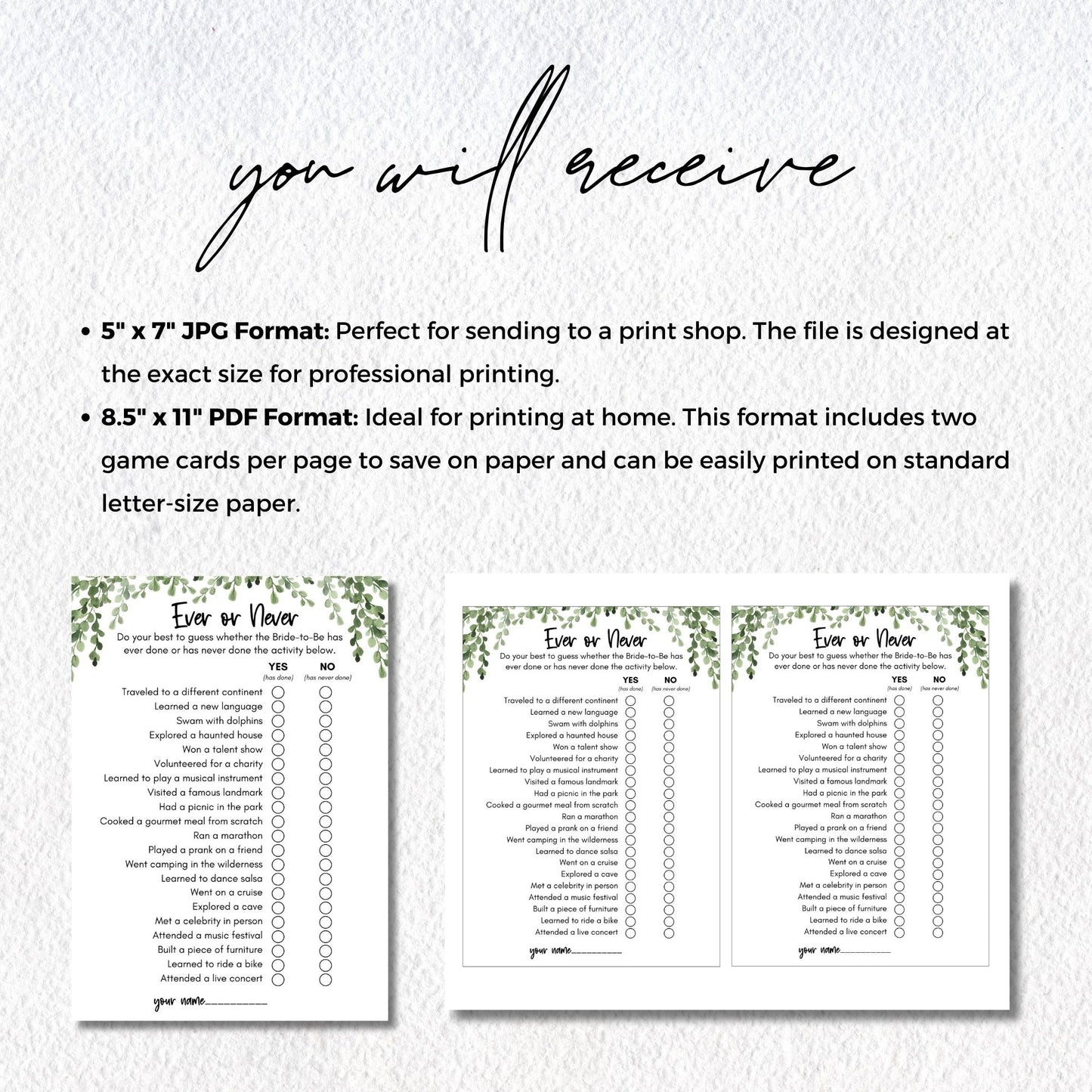 Ever or Never Bridal Shower Game - Greenery