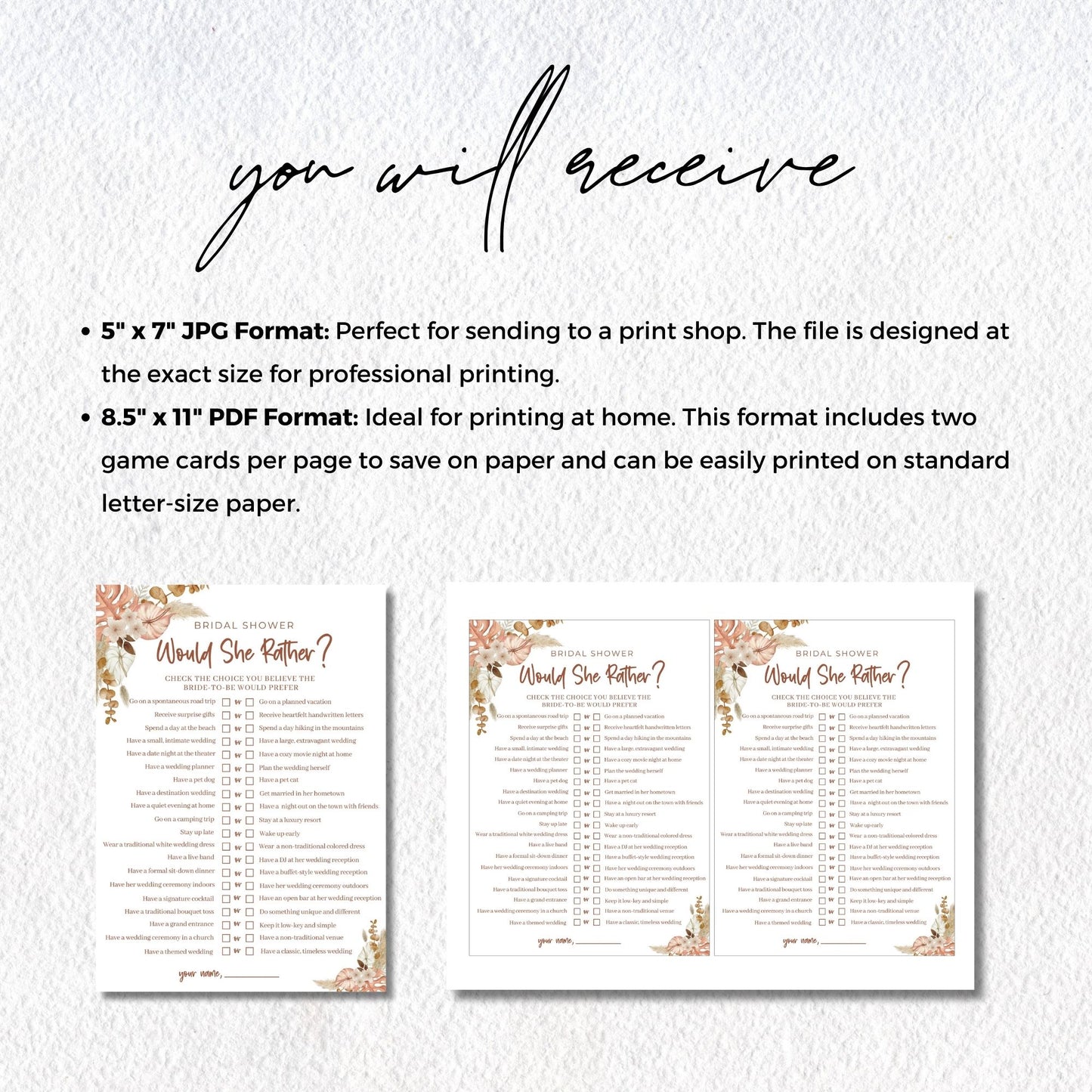 Bridal Shower Game, Would She Rather Printable