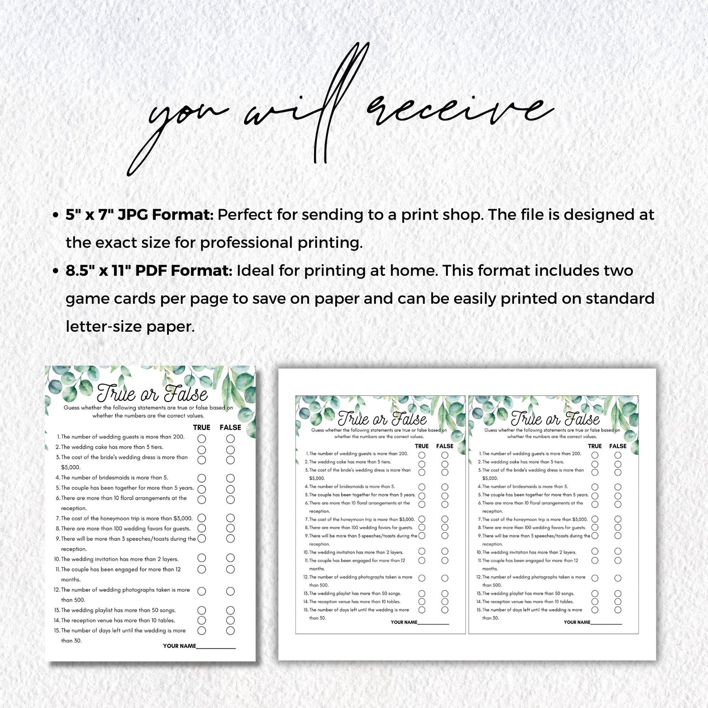 True or False Bridal Shower Game Greenery