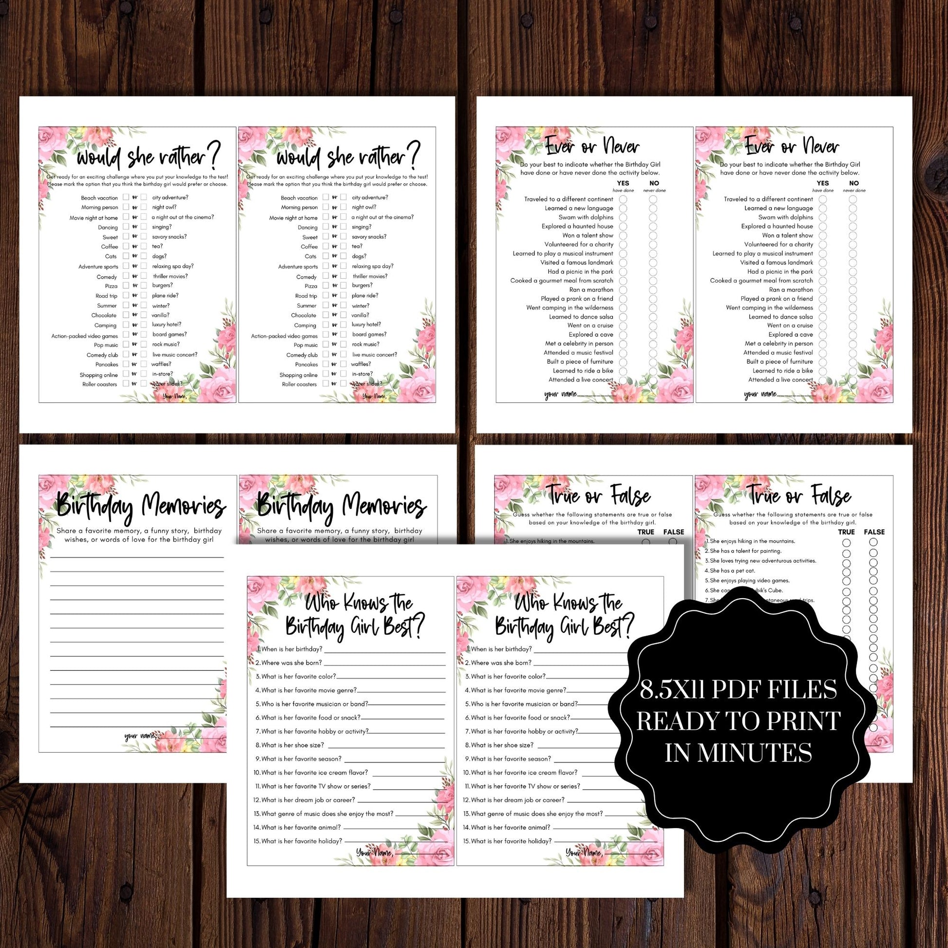 Birthday Party Games Bundle Floral - Printable